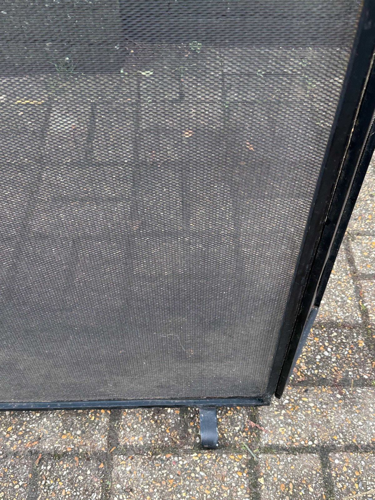 Circa 1970s Vintage Black Iron Folding Fire Screen Mesh Fireplace Guard Mid Century Style photo vintage