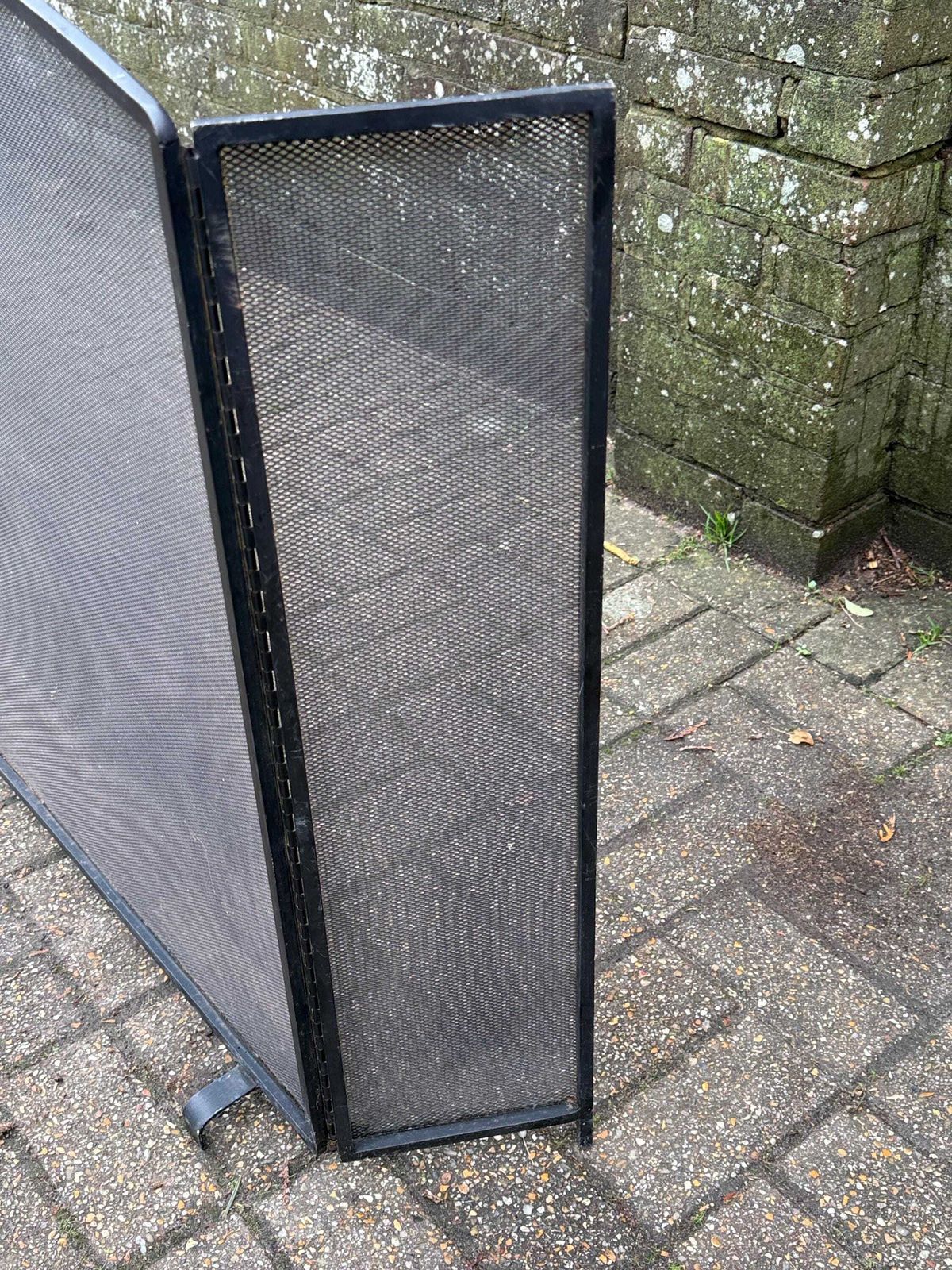 245.0 Circa 1970s Vintage Black Iron Folding Fire Screen Mesh Fireplace Guard Mid Century Style photo