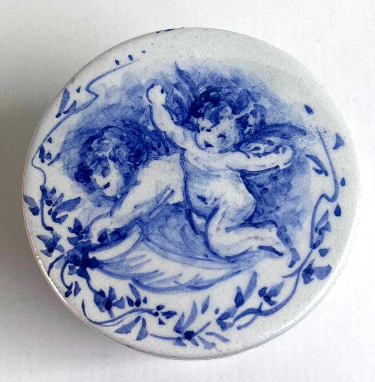 Vintage Rouen Style Blue & White Cherub Trinket Box – Hand Painted French Faience Pot / Putti Lidded Jewellery Box photo vinterior