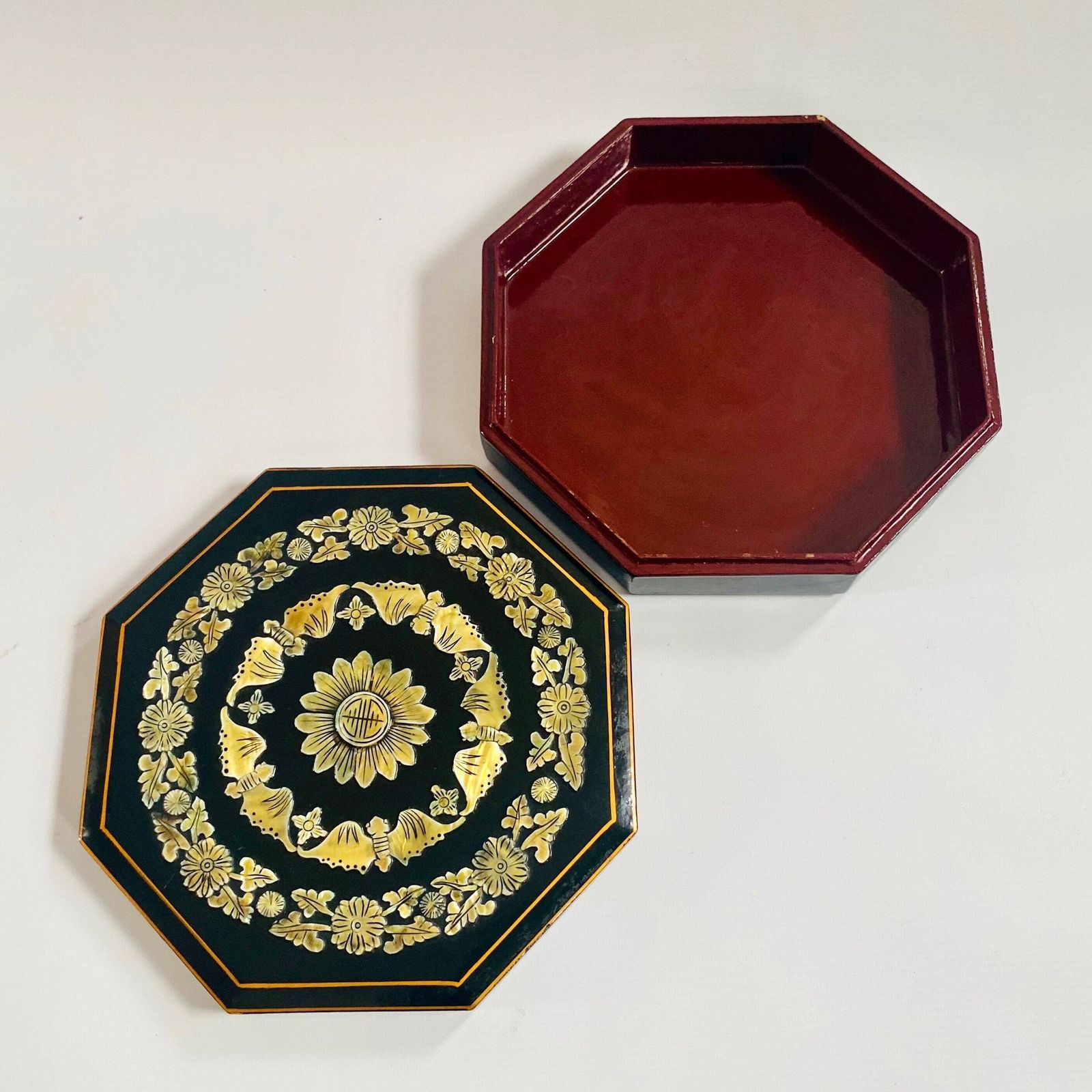 Antique Japanese Lacquerware Box: Octagonal Keepsake With Mother Of Pearl Inlay