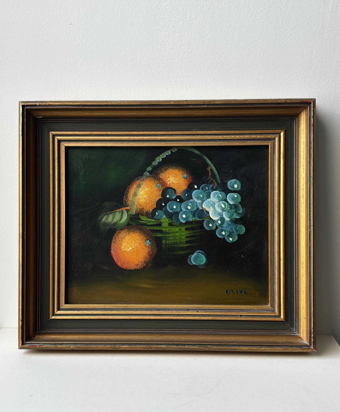 Vintage Framed Still Life Painting, Fruit Basket Oil Painting, Dark Moody Wall Art, Gilt Frame, Traditional Home Decor photo Art