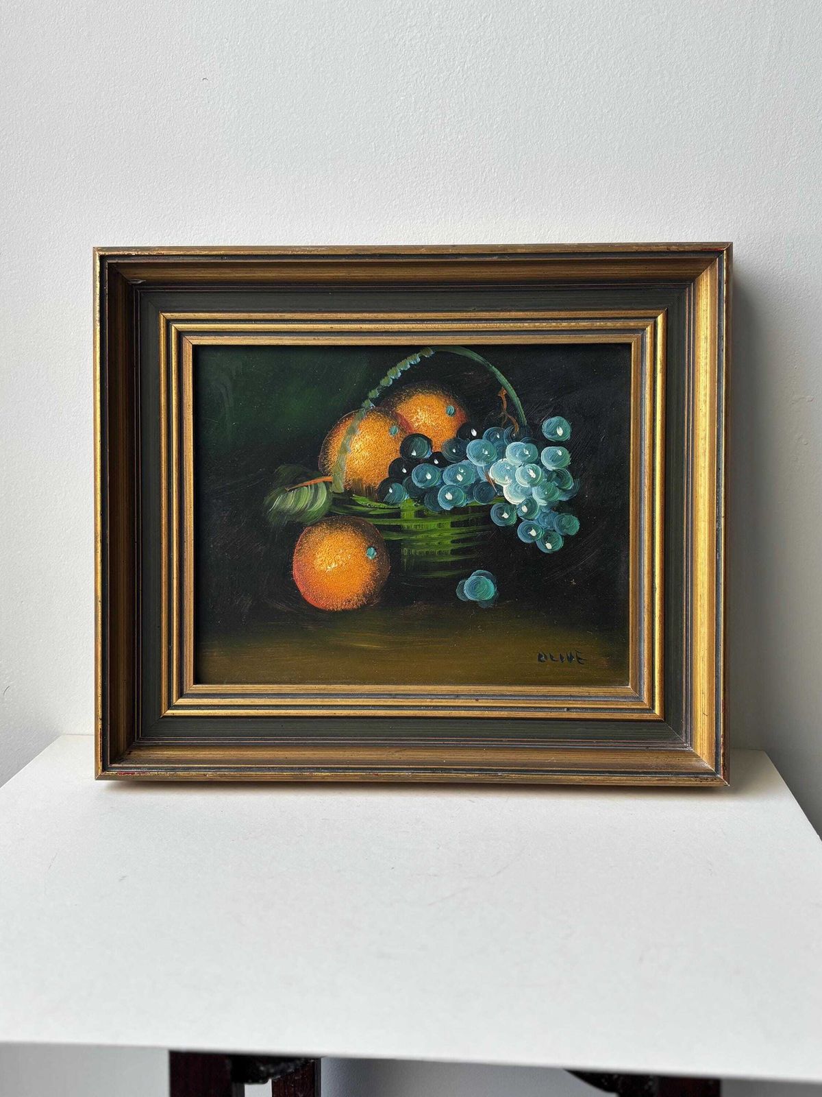 Vintage Framed Still Life Painting, Fruit Basket Oil Painting, Dark Moody Wall Art, Gilt Frame, Traditional Home Decor photo vinterior
