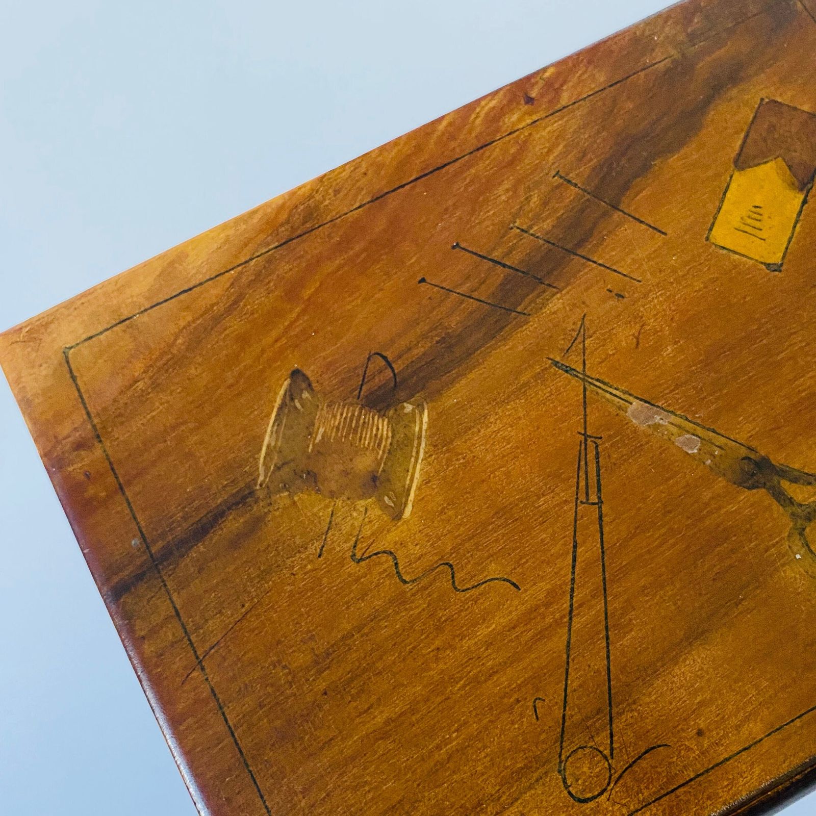 photo furniture Antique Olive Wood Puzzle Box: Sorrento Sewing Motif Marquetry