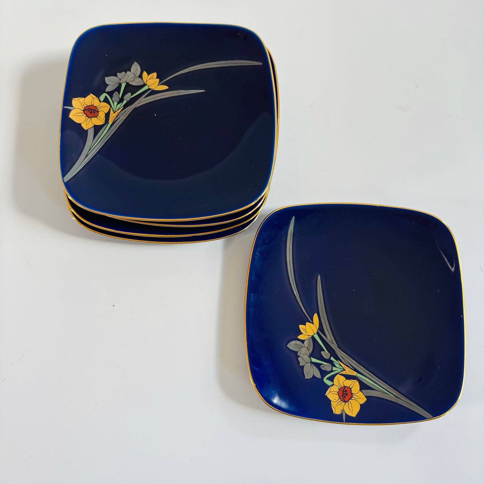 1960s Koransha Arita Porcelain Dessert Dishes: Ruri Blue Irises, Set Of 5 photo 131.0