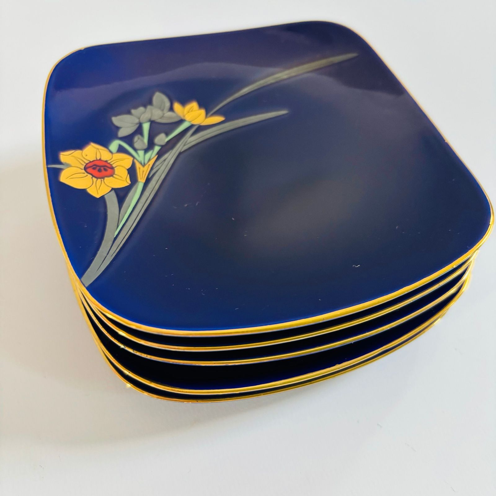 1960s Koransha Arita Porcelain Dessert Dishes: Ruri Blue Irises, Set Of 5 photo vinterior