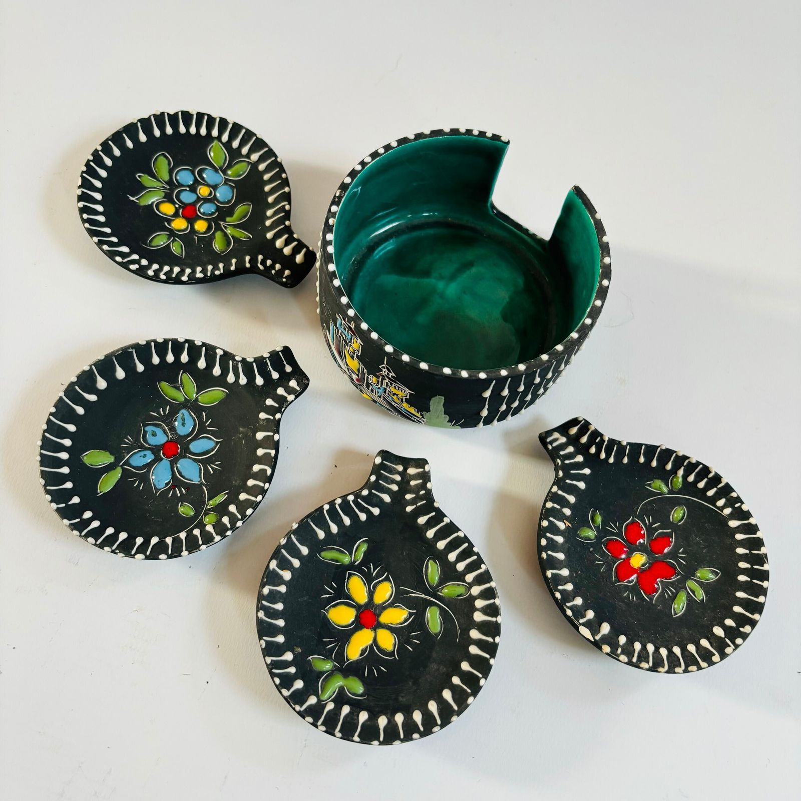 Mcm San Marino Ceramic Ashtray Set: Turquoise Glaze, Embossed Floral Dishes