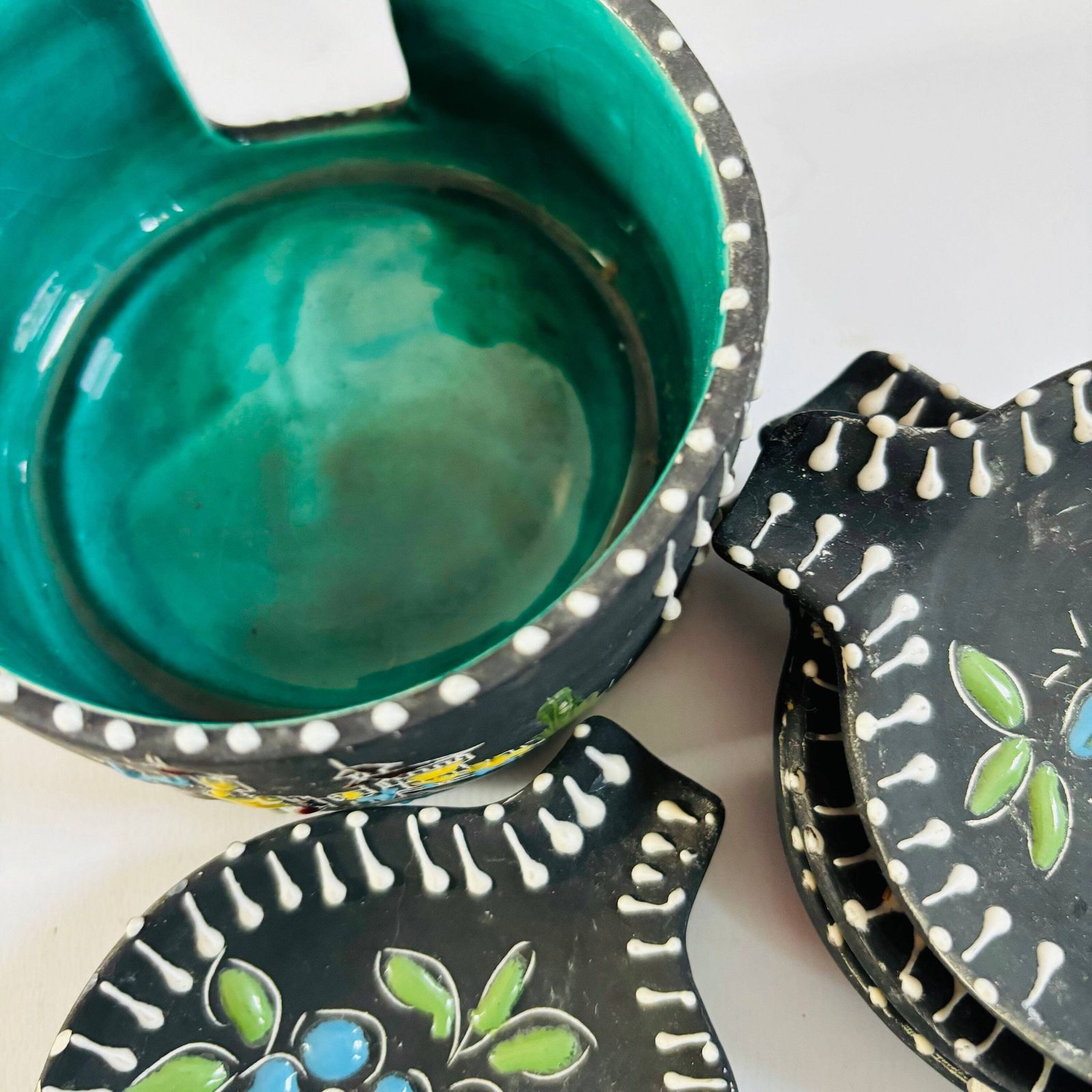 Mcm San Marino Ceramic Ashtray Set: Turquoise Glaze, Embossed Floral Dishes photo furniture