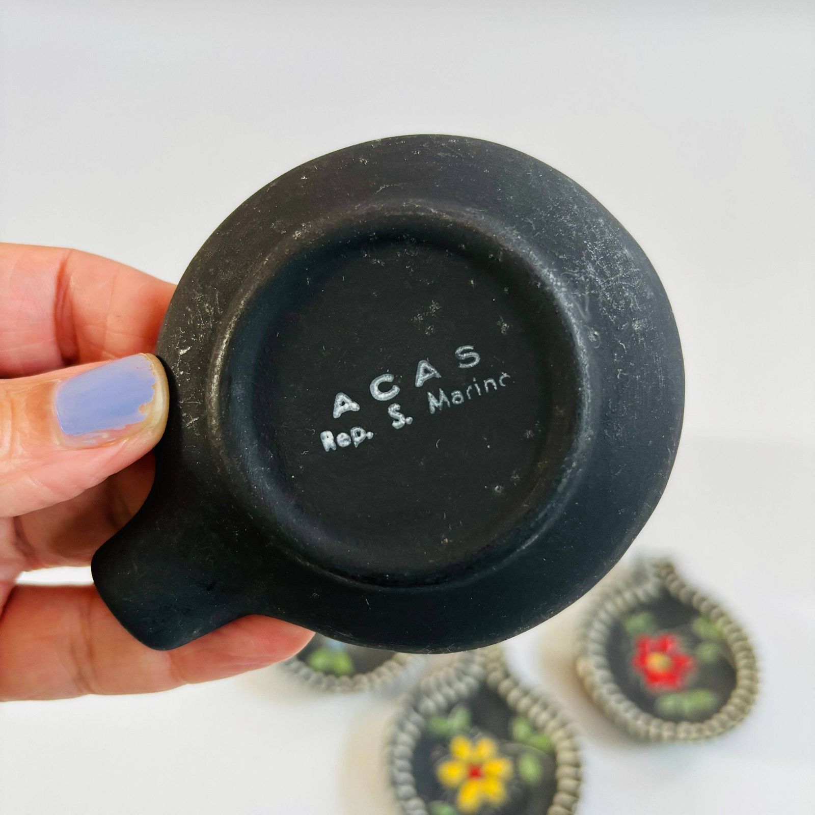 Mcm San Marino Ceramic Ashtray Set: Turquoise Glaze, Embossed Floral Dishes photo Home Decor