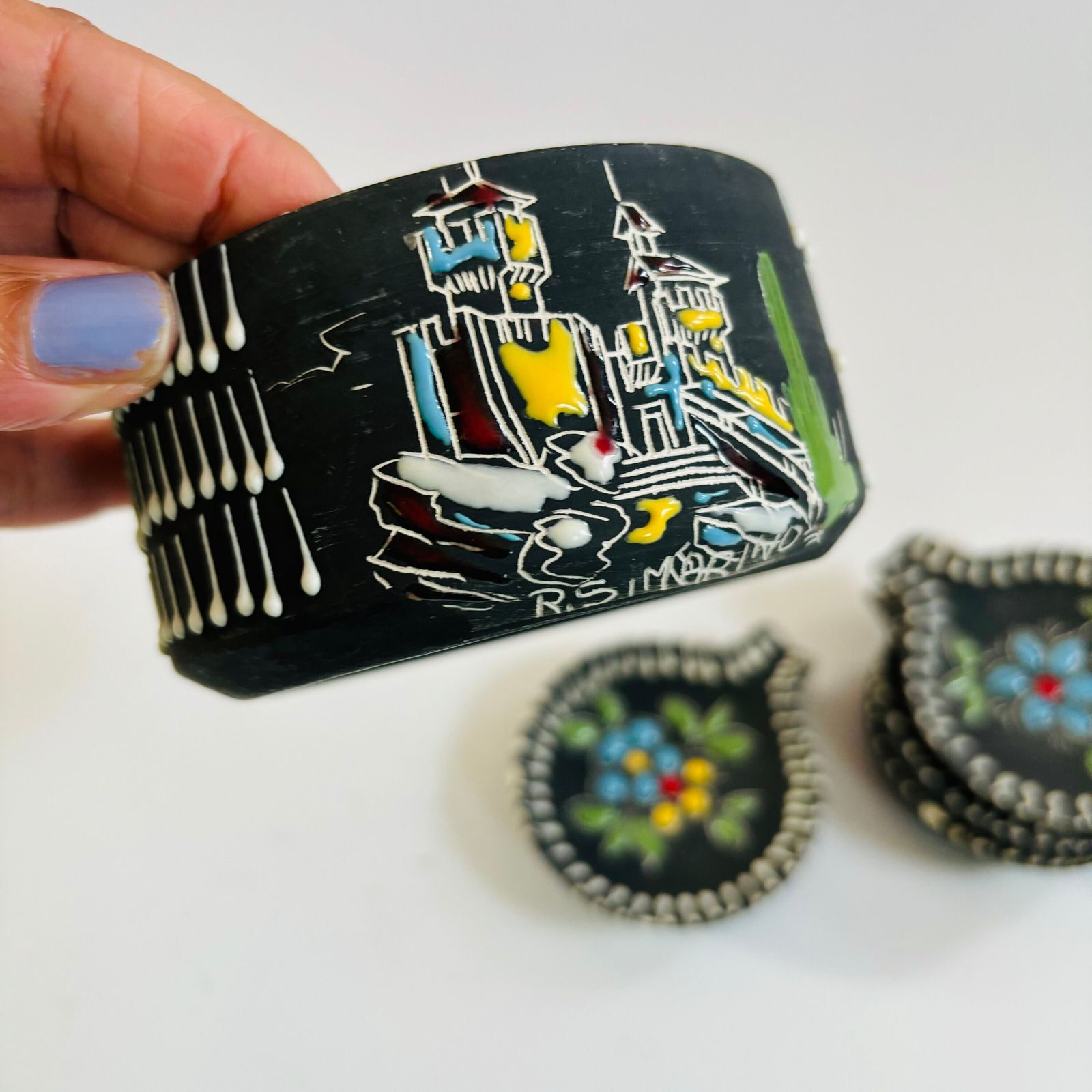 Mcm San Marino Ceramic Ashtray Set: Turquoise Glaze, Embossed Floral Dishes photo vintage