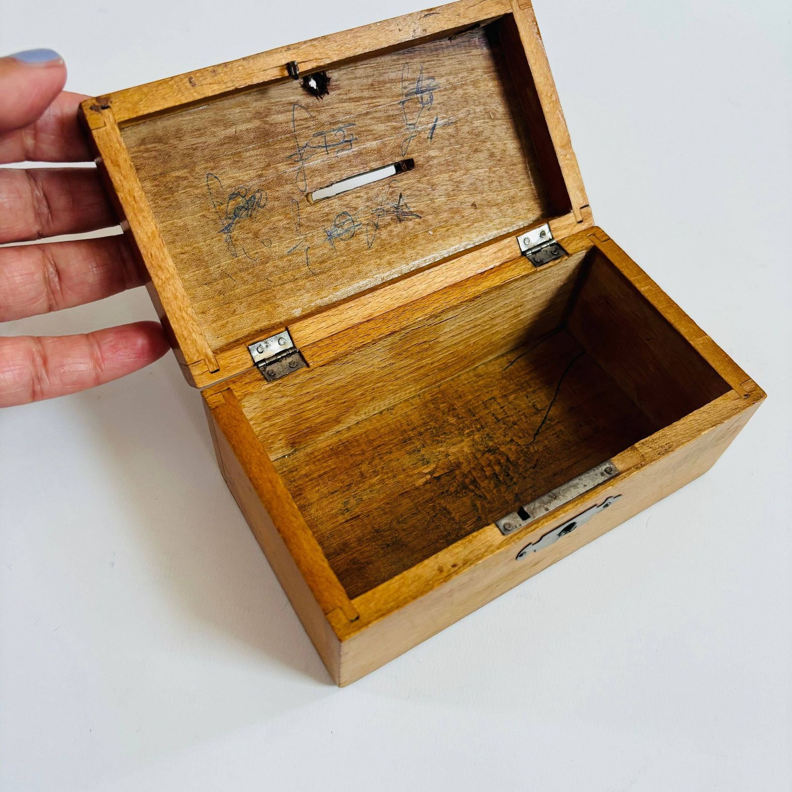 photo for sale Antique 1920s Elm Wood Coin Box: British Display Keepsake