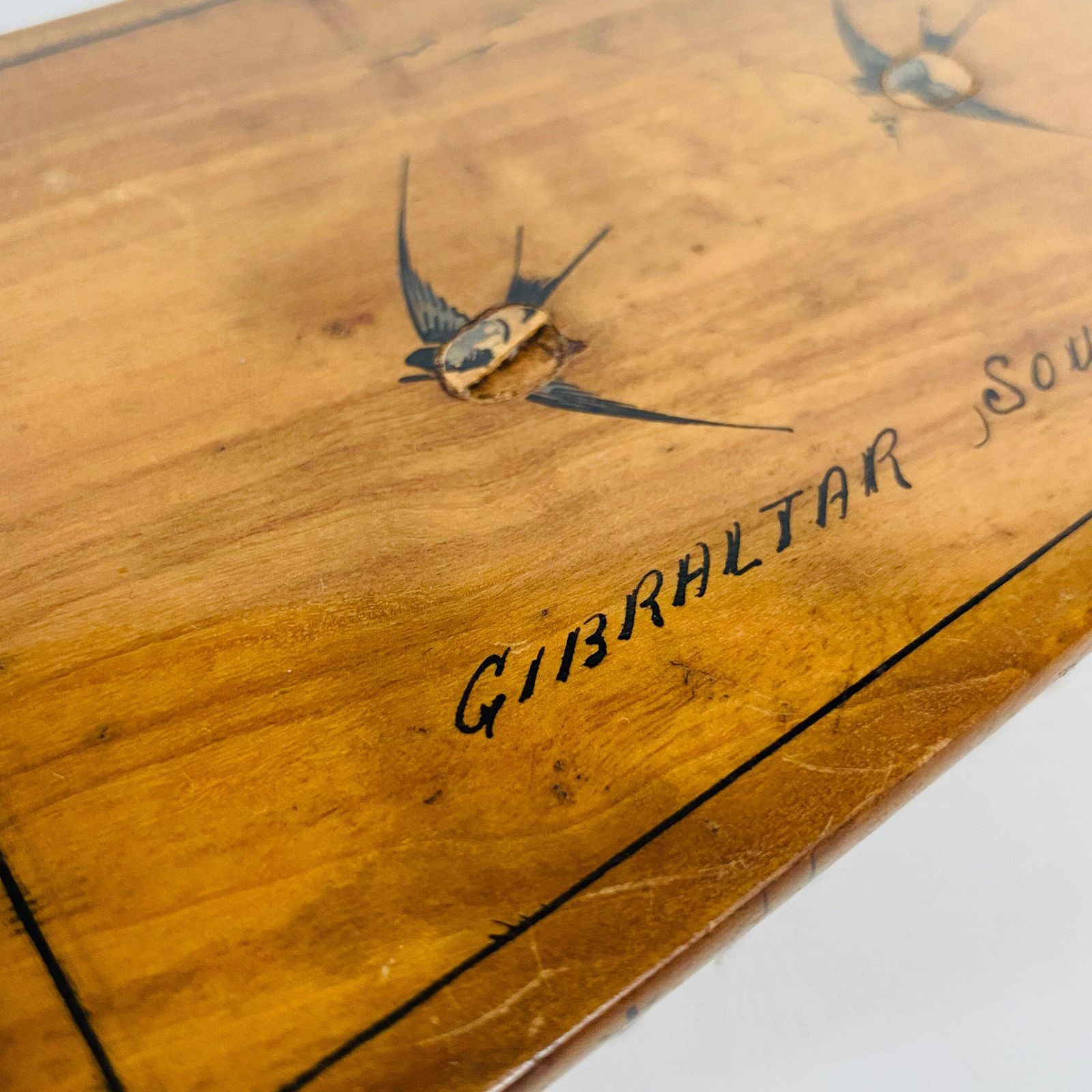 Antique Olive Wood Puzzle Box: Gibraltar Souvenir With Painted Swallows photo Home Decor