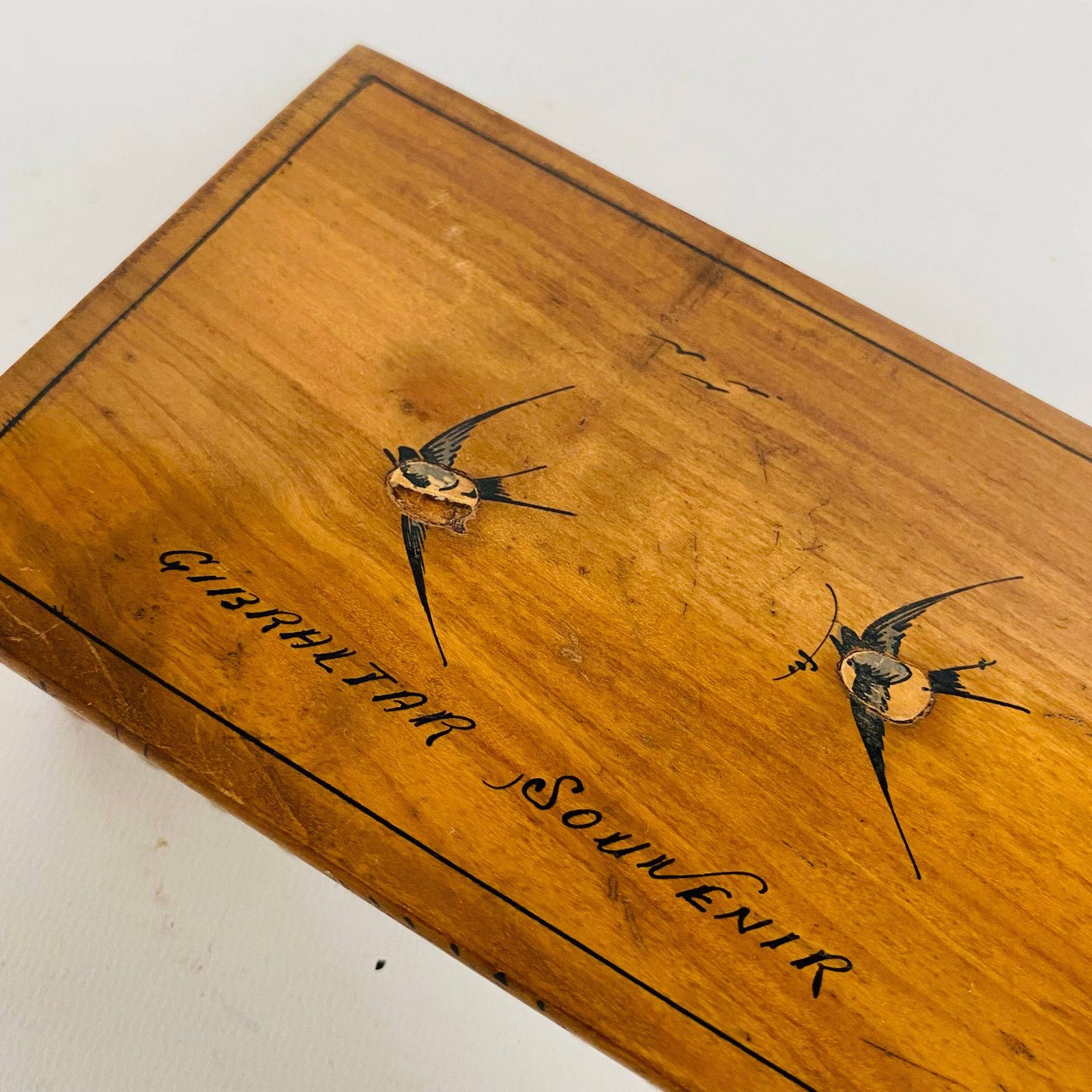 photo furniture Antique Olive Wood Puzzle Box: Gibraltar Souvenir With Painted Swallows