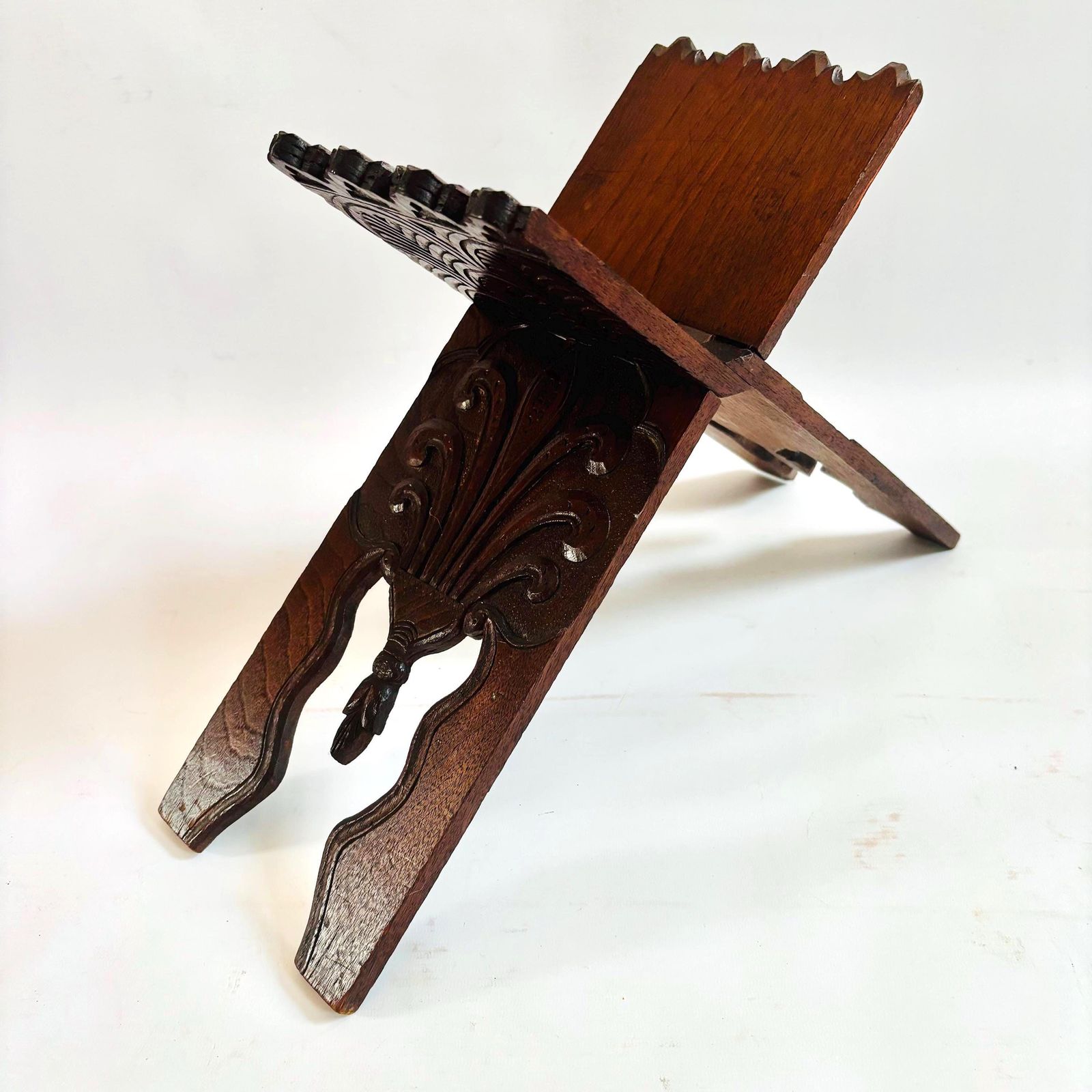 photo for sale Antique Elm Wood Quran Stand: 19thc Anglo Indian Folding Lectern