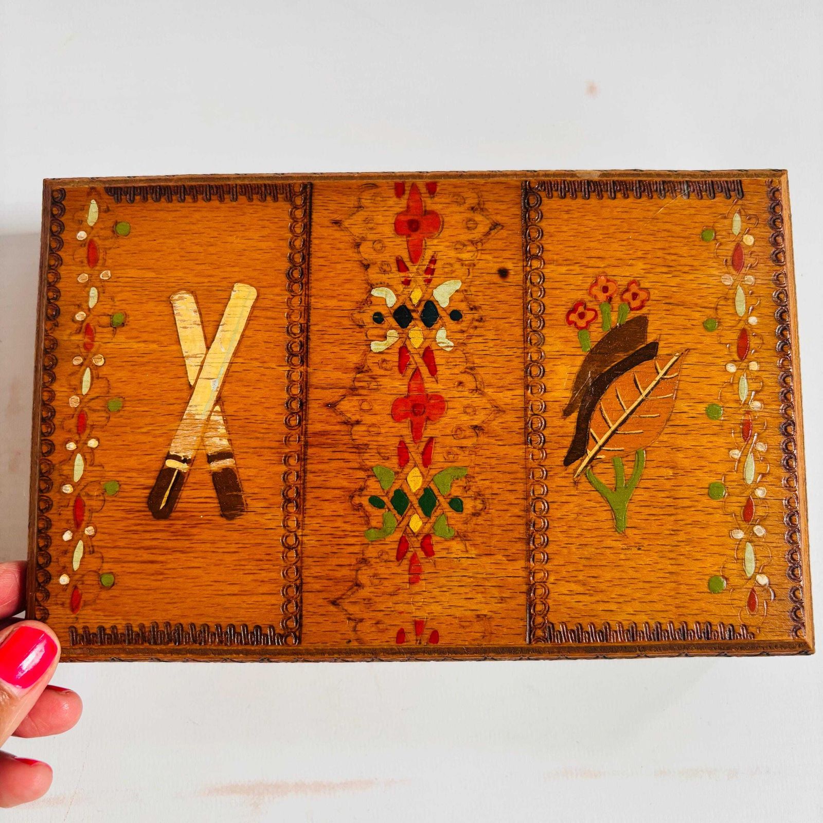 Vintage Folk Art Inlaid Wood Naive Art Box – Mid Century 1960s Handcrafted Cigarette Dispenser photo Home Decor
