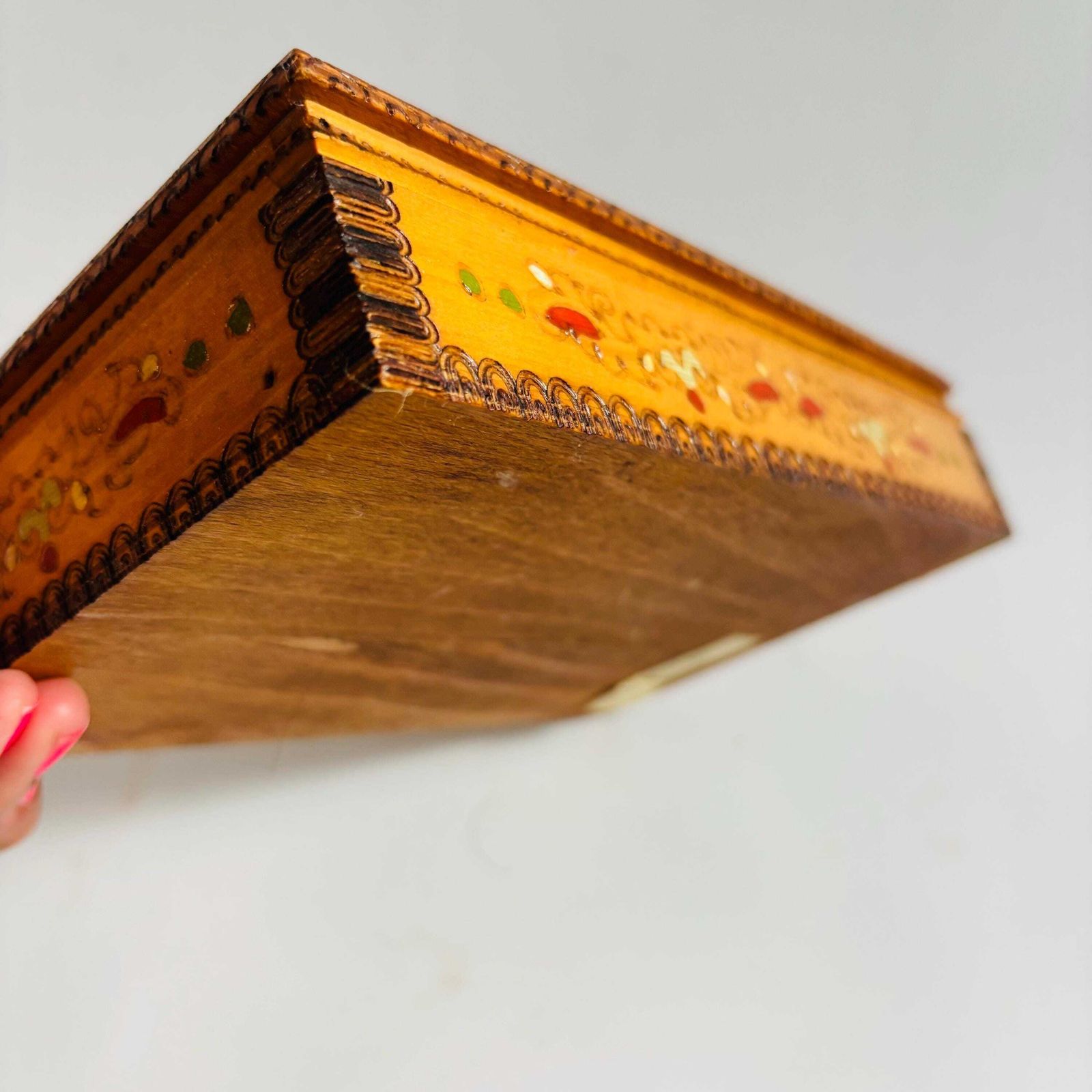 Vintage Folk Art Inlaid Wood Naive Art Box – Mid Century 1960s Handcrafted Cigarette Dispenser photo buy