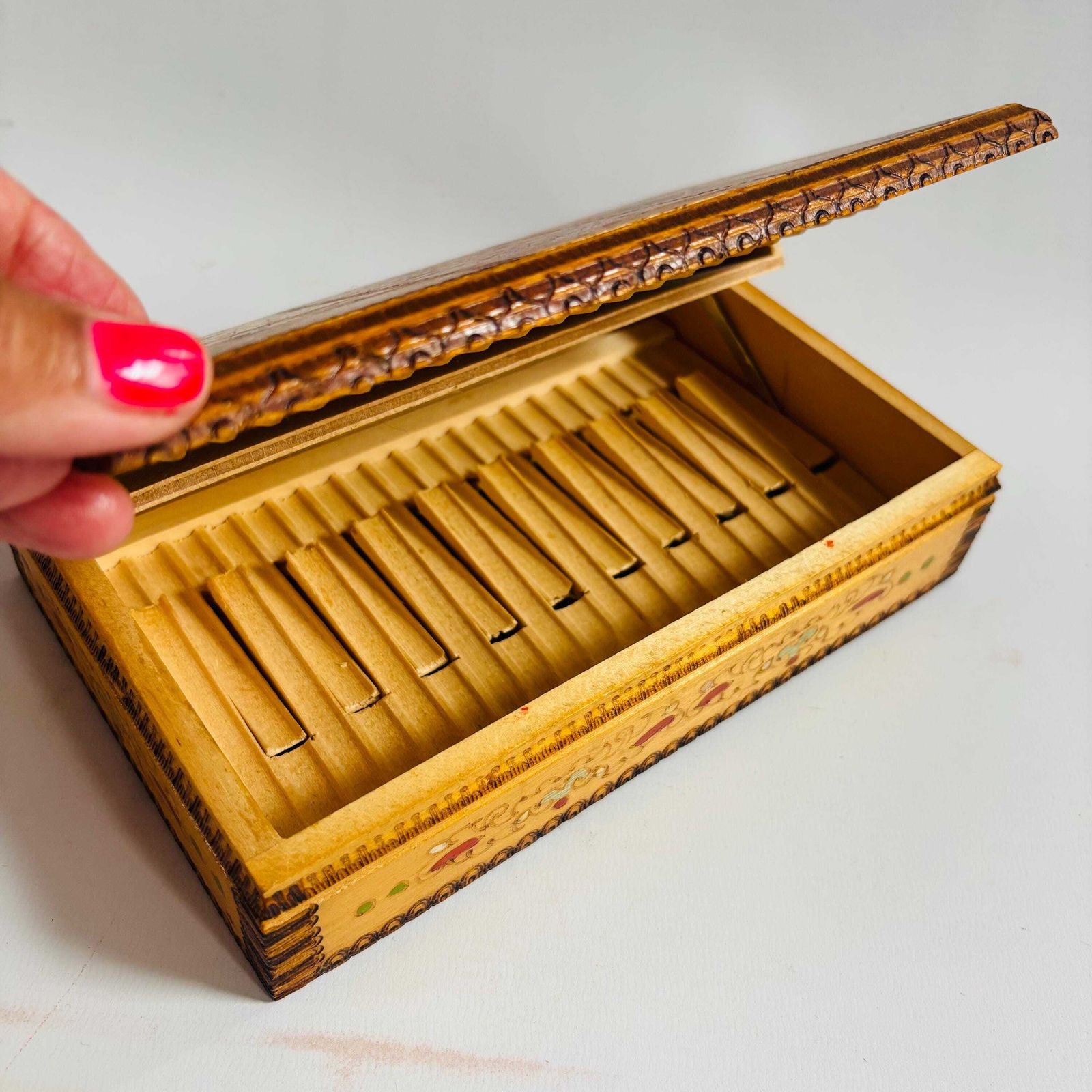 photo furniture Vintage Folk Art Inlaid Wood Naive Art Box – Mid Century 1960s Handcrafted Cigarette Dispenser