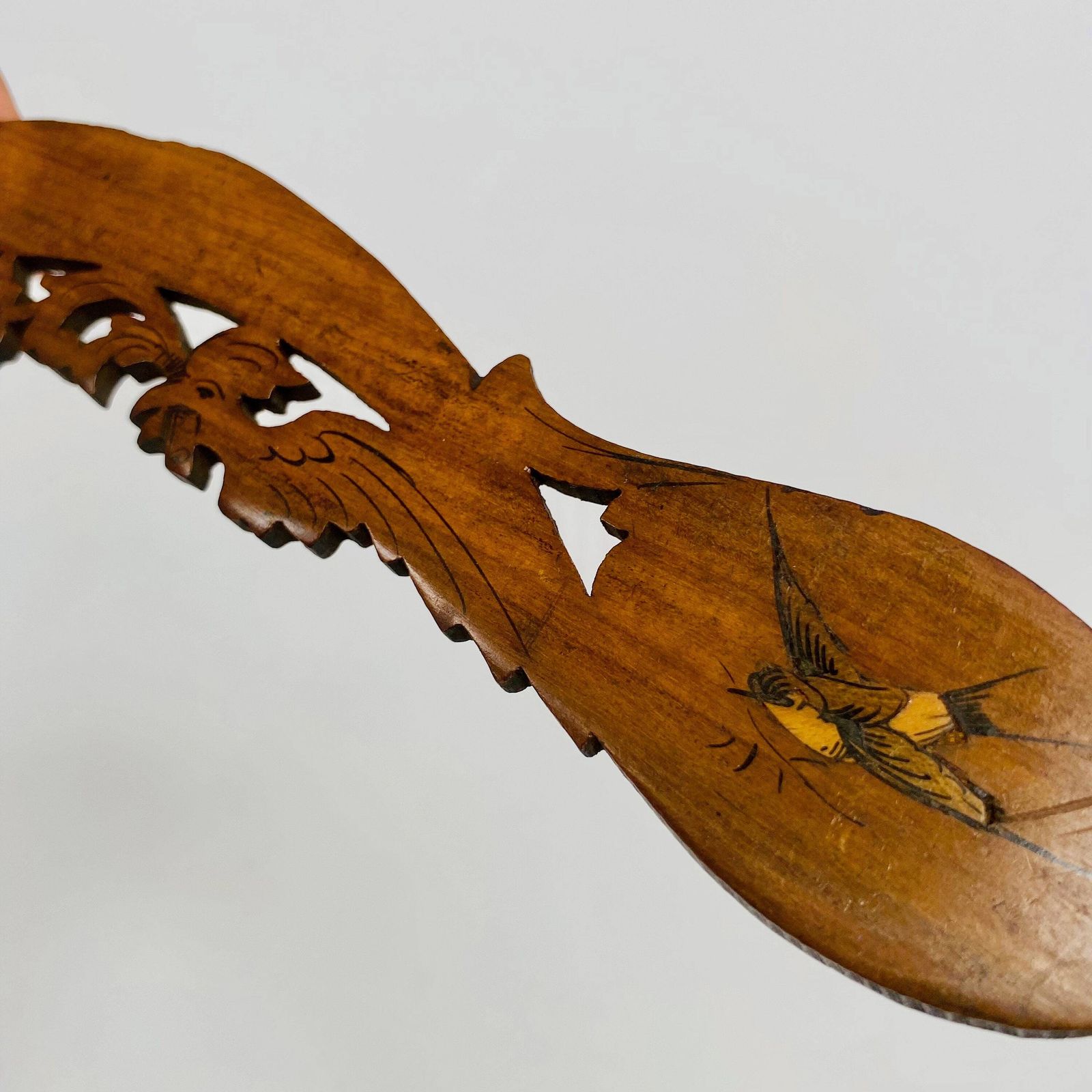 Rare Collectable Letter Opener  1930's Olive Wood/Swallow Bird Love Handmade/Marquetry/Folk Details photo vintage