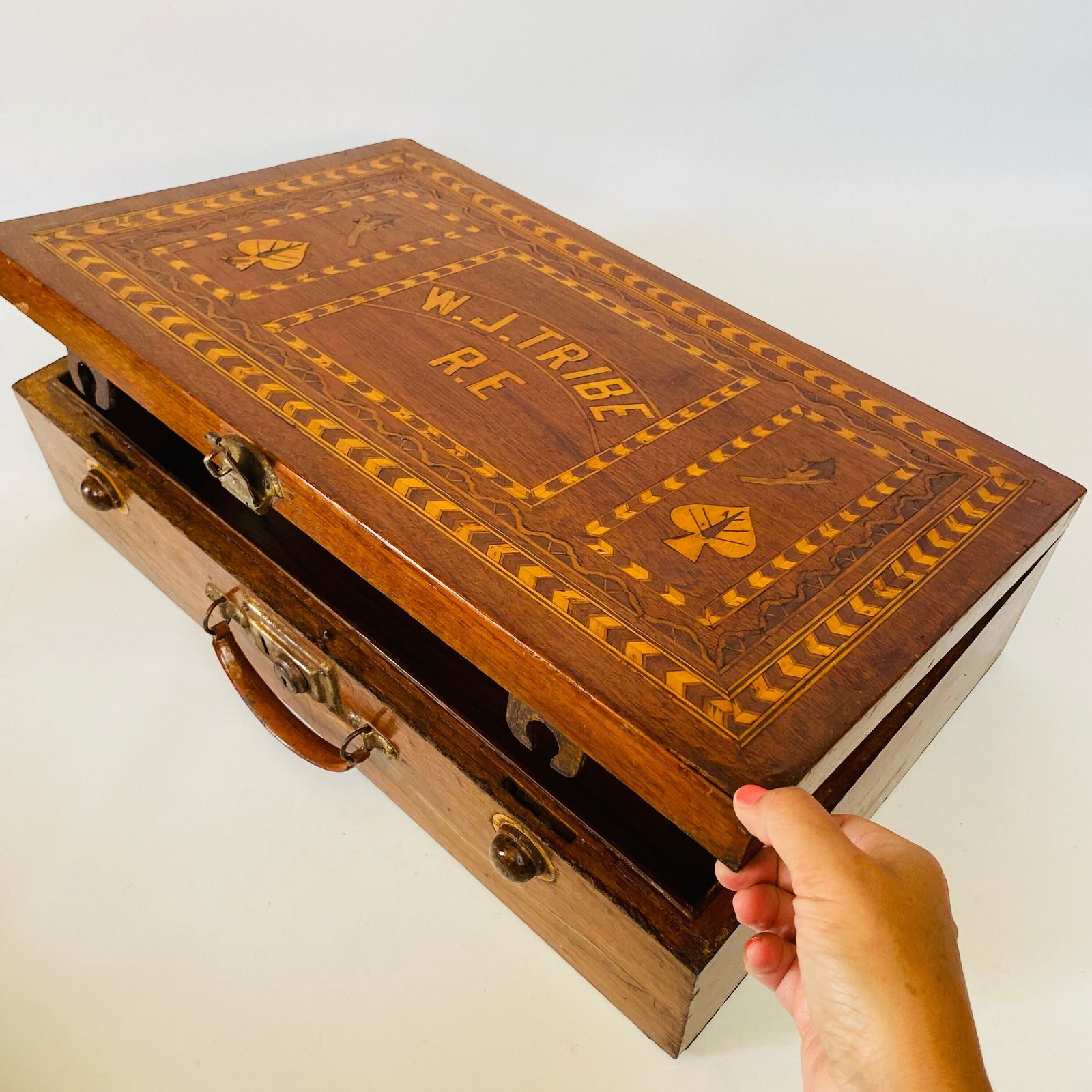 Sorrento Marquetry Suitcase: Antique Olive & Cherry Wood Folk Art photo for sale