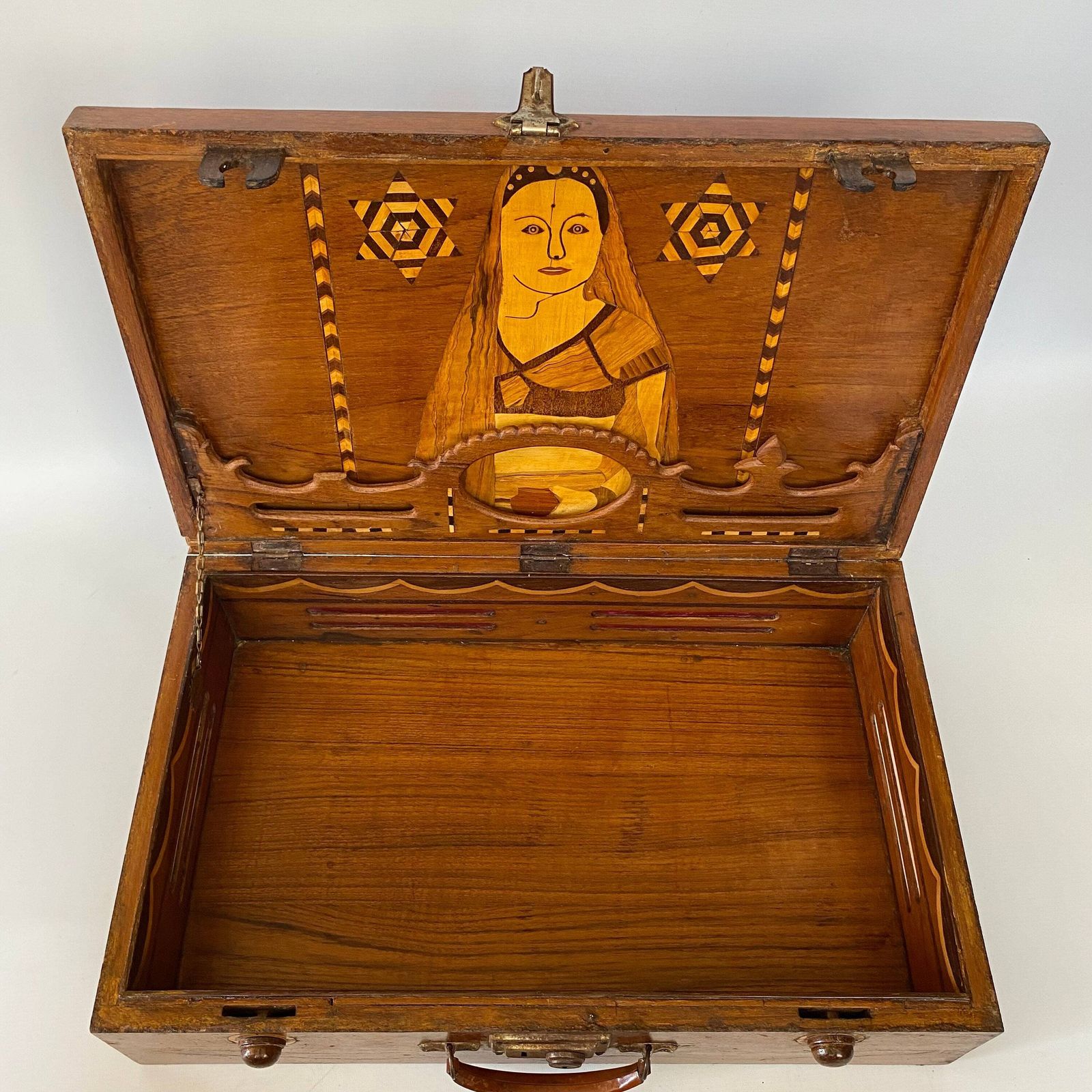 photo for sale Sorrento Marquetry Suitcase: Antique Olive & Cherry Wood Folk Art