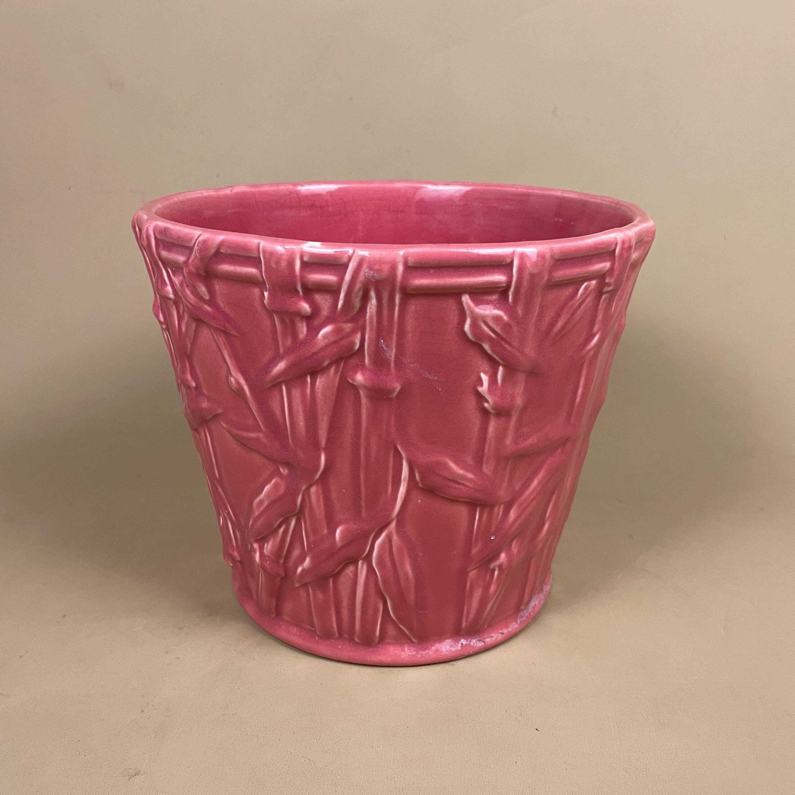 Pink Ceramic Planter Pot Bamboo Pattern Vintage Asian Style Glazed Flower Pot Home Decor Mid Century Oriental Japanese Style photo for sale