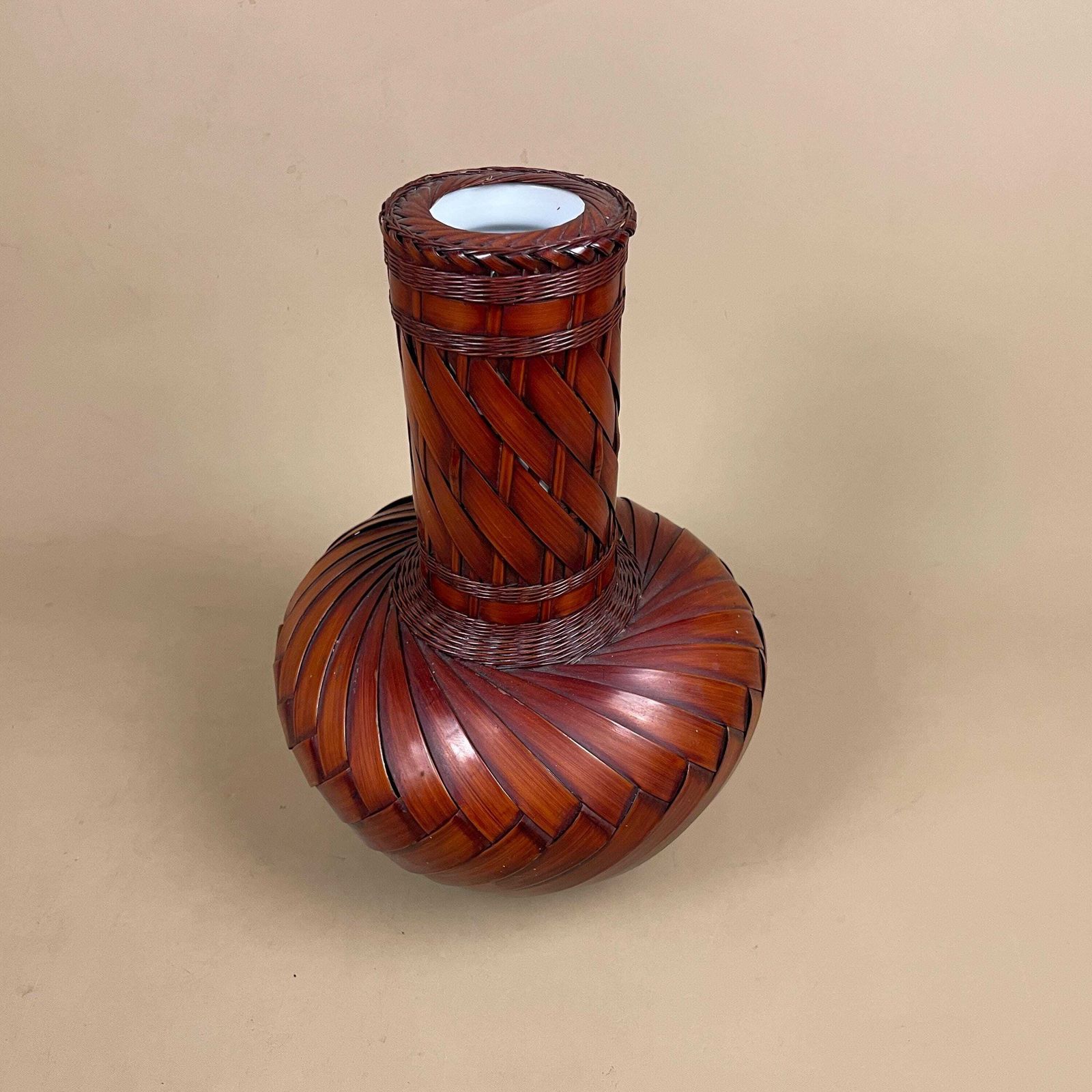 Vintage Japanese Ikebana Vase Bamboo Woven Ceramic Inner C.1950s Table Display Mid Century Decor Hand Woven Natural Home Accent photo for sale