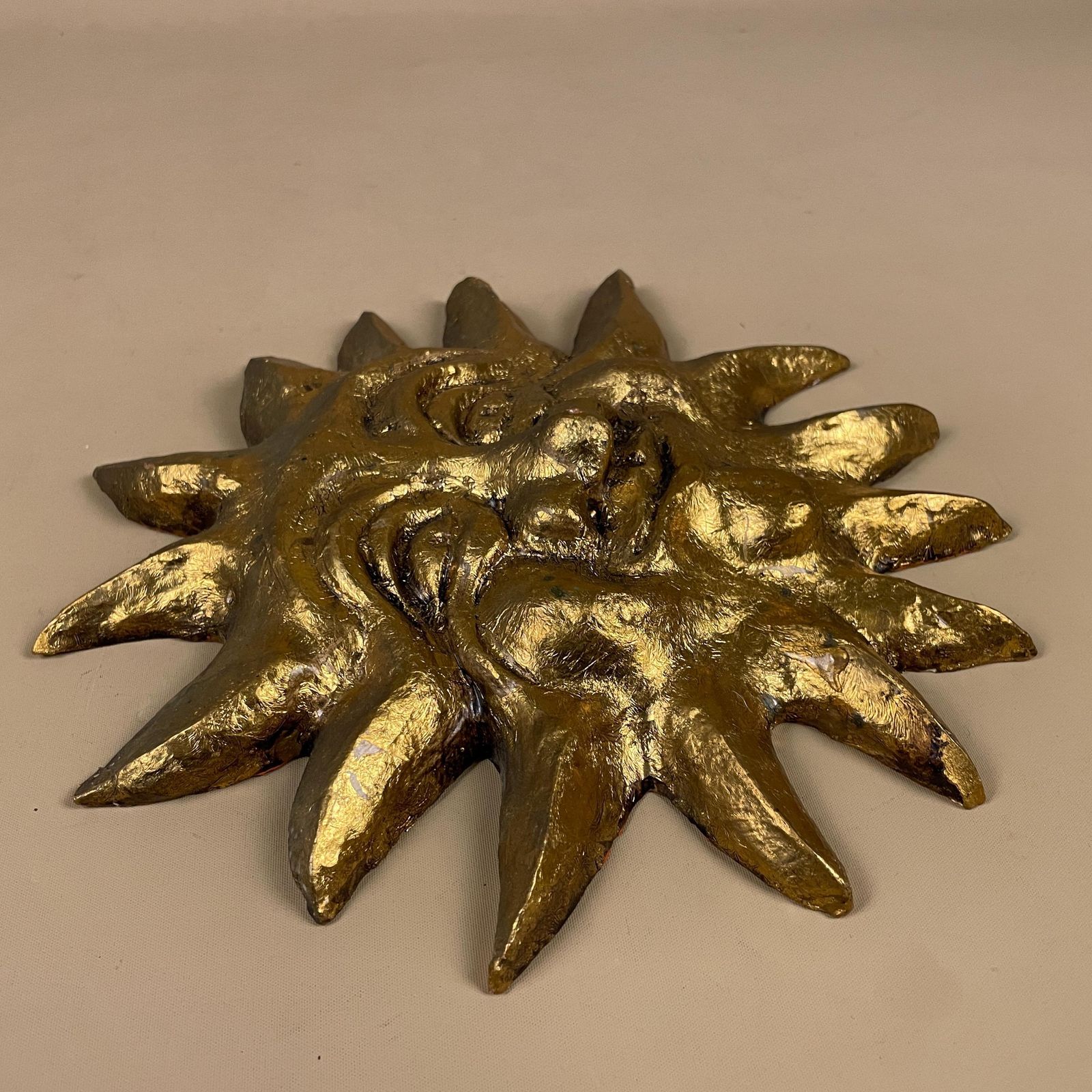 Gold Sun Face Wall Hanging By Sue Hofman Celestial Art Clay Decor Painted Quirky Artwork photo vinterior