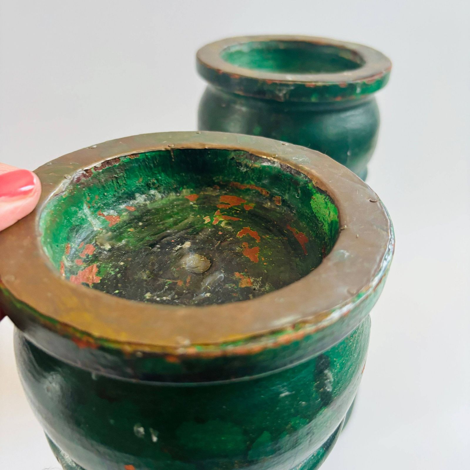 Pair Of Antique Mahogany Torchere Candle Holders: Green & Gold Twist Design photo vinterior