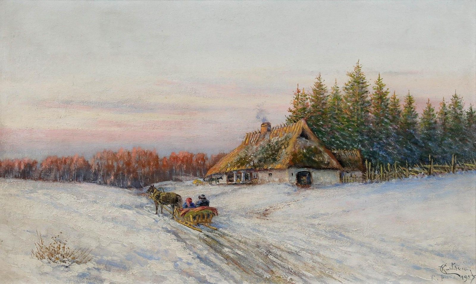 Framed Early 20th Century Oil Dashing Through The Snow photo furniture
