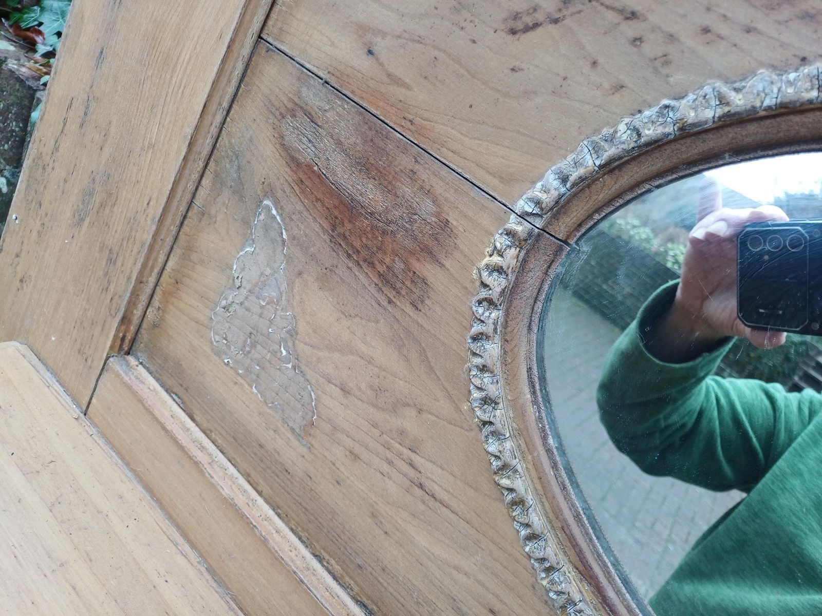 photo vintage 1920s 1930s Stripped Pine Fire Surround With Oval Mirror Original Gesso Detail Distressed Finish Vintage Fireplace Mantel