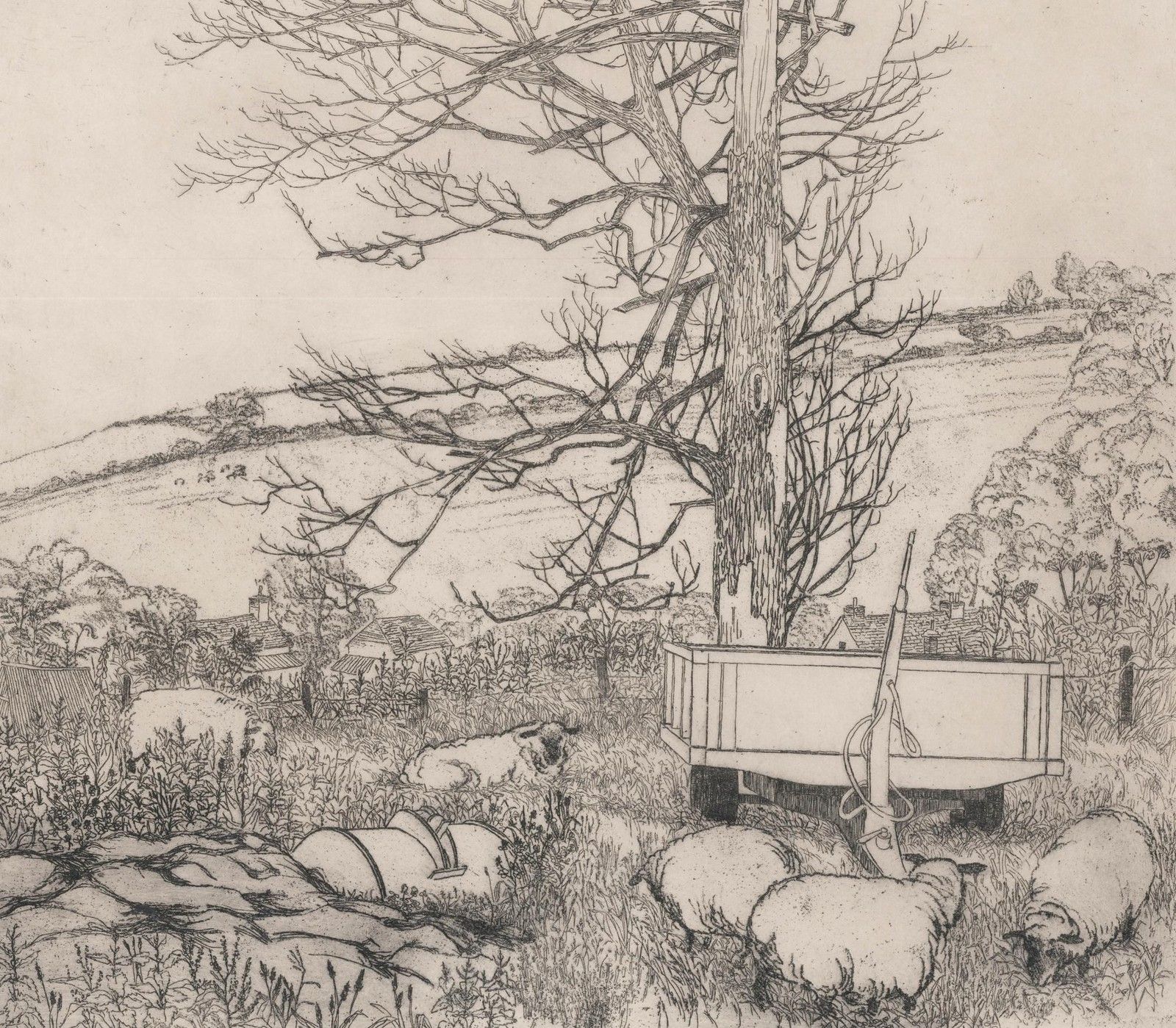 N.B.W Mid 20th Century Etching, Truckwell Farm photo furniture