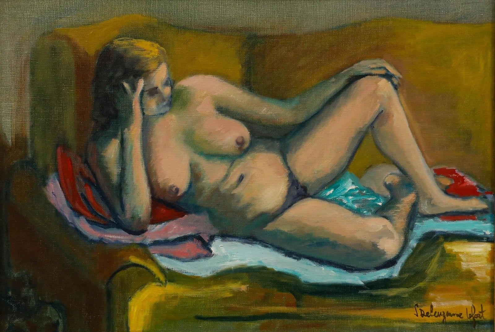 Suzanne Deluzanne Lefort 20th Century Oil, Nude On Yellow Sofa photo furniture