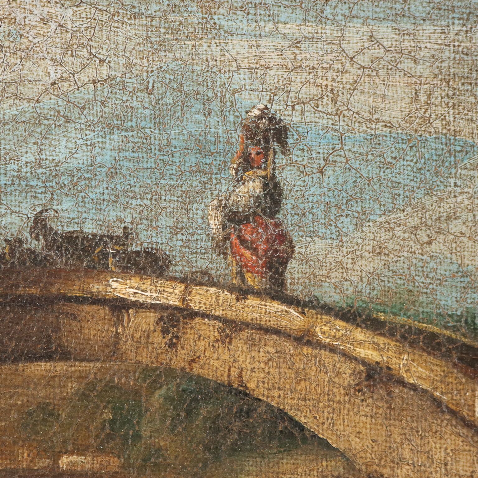 Antique Painting Landscape With Bridge Oil On Canvas XVIII Century photo Art