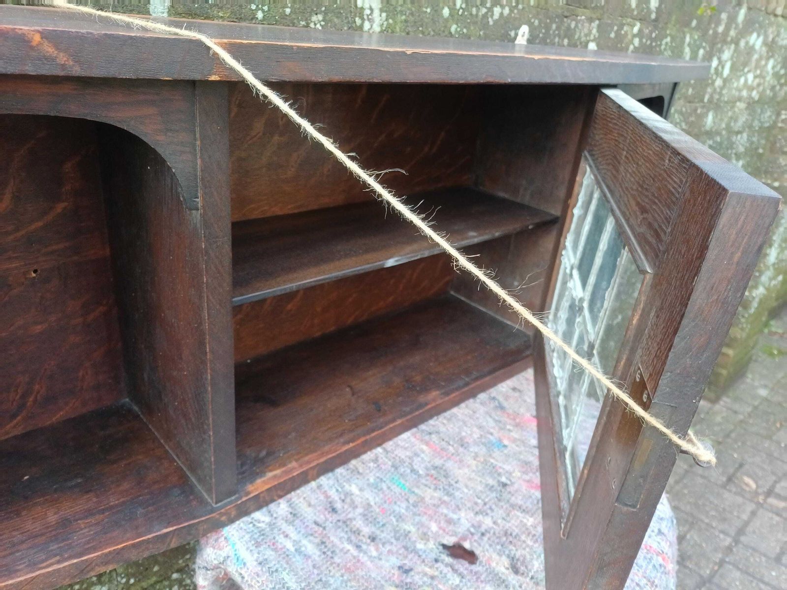 Antique Arts And Crafts Oak Wall Cabinet Shelf Art Nouveau Leaded Glass Cupboard Art Nouveau Hanging Storage Unit photo buy