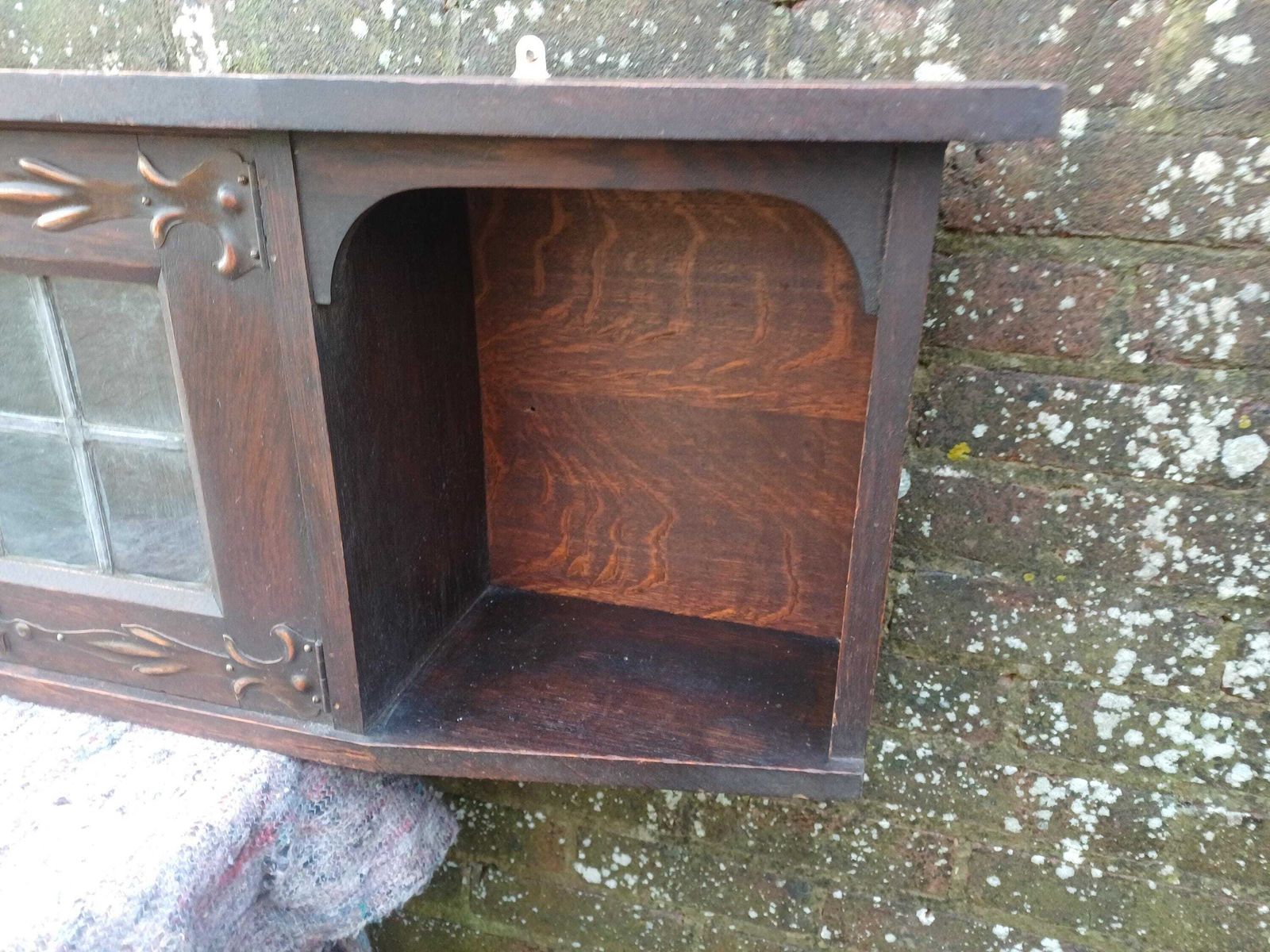 photo buy Antique Arts And Crafts Oak Wall Cabinet Shelf Art Nouveau Leaded Glass Cupboard Art Nouveau Hanging Storage Unit