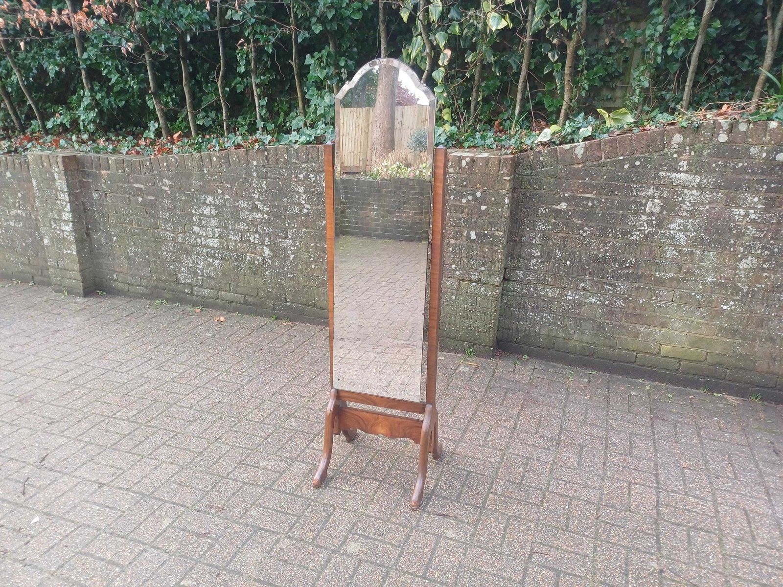 Superior Antique Cheval Mirror Walnut Veneer Oak Feet Bevelled Glass 1920/30s Full Length Tilting Dressing Mirror Art Dec