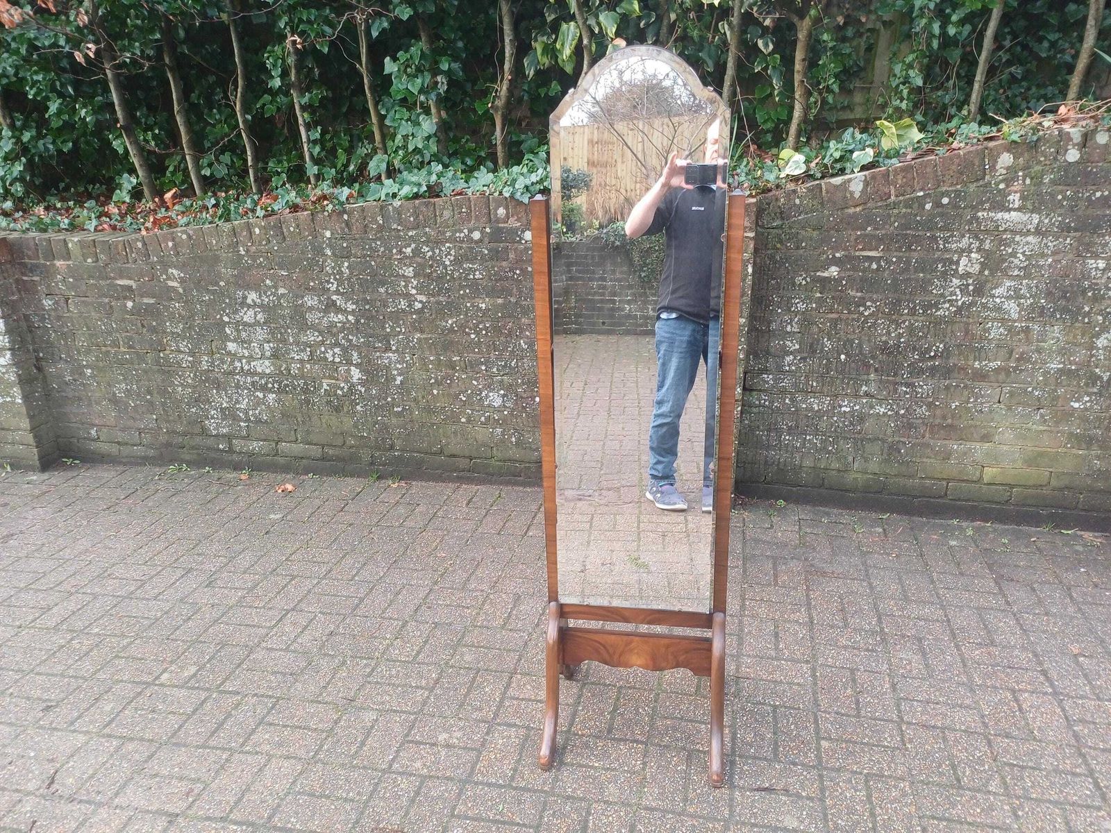 photo for sale Superior Antique Cheval Mirror Walnut Veneer Oak Feet Bevelled Glass 1920/30s Full Length Tilting Dressing Mirror Art Dec