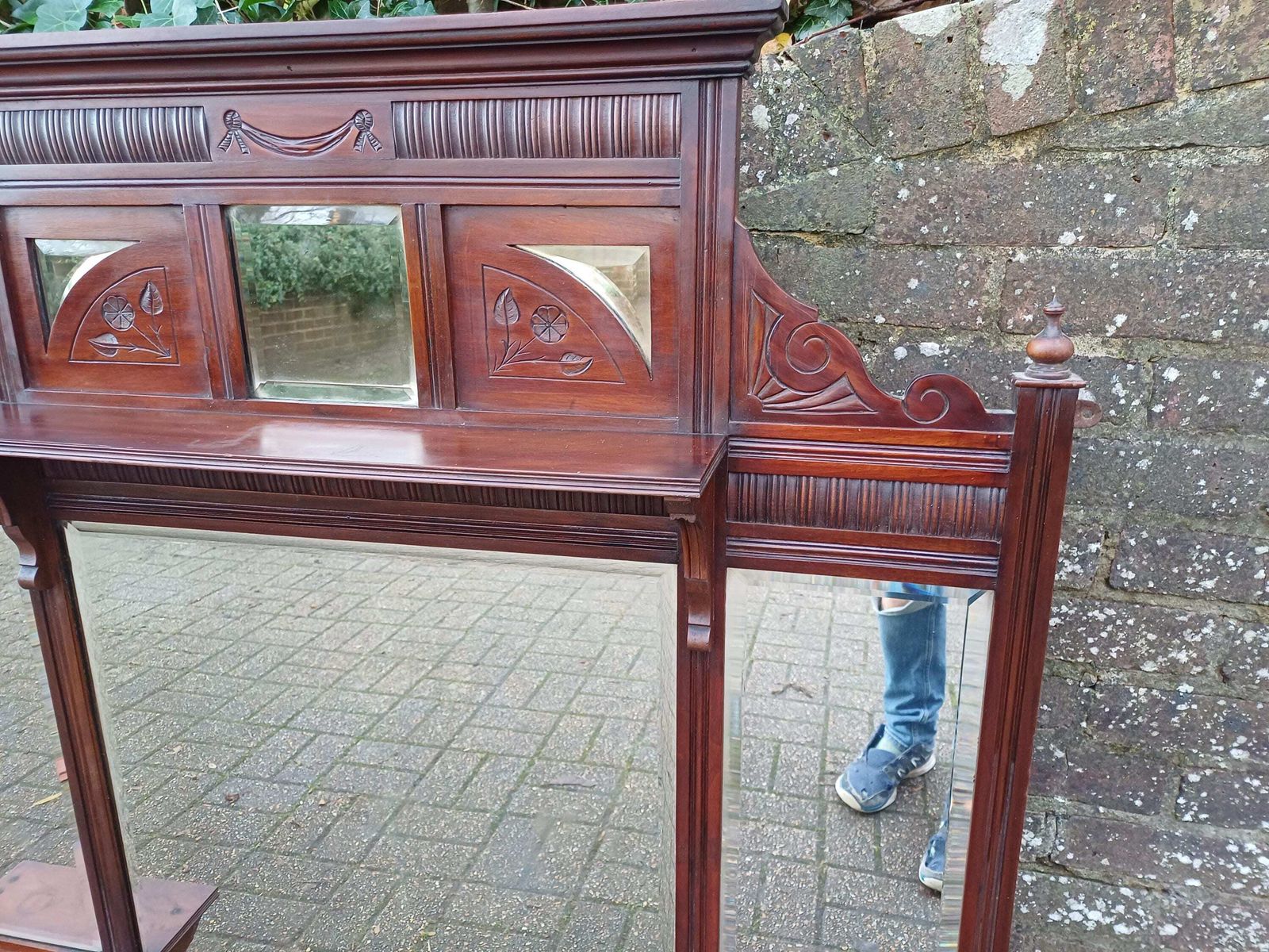 Massive Antique Victorian Over Mantel Mirror With Shelves Ornately Carved Frame, Bevelled Glass, Antique Statement Piece photo furniture