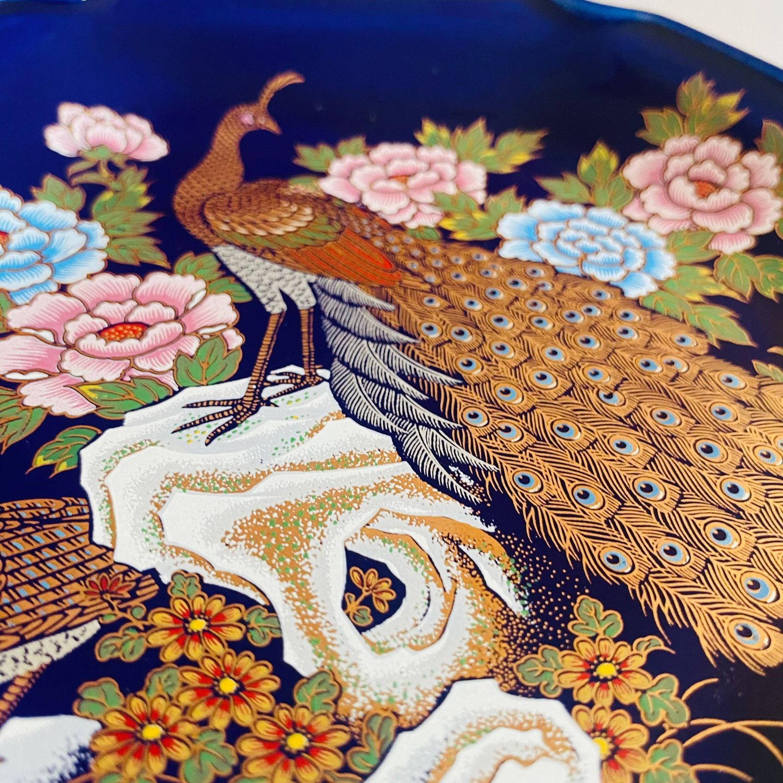 Kutani Porcelain Ceramic Cobalt Blue Dish With Handpainted Peacocks Floral Design Gold Gilt Edging photo vintage