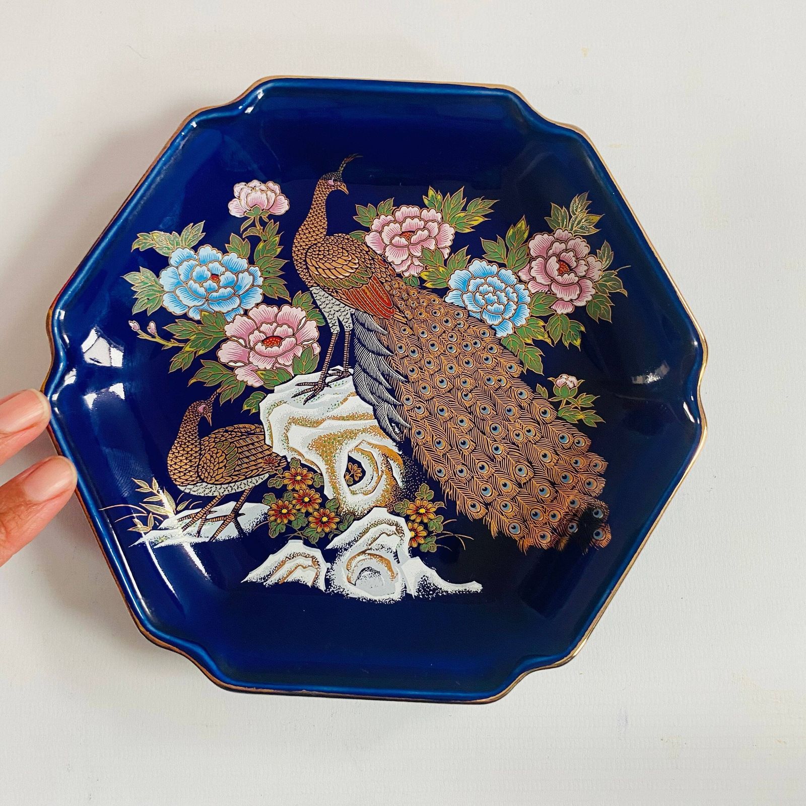 photo furniture Kutani Porcelain Ceramic Cobalt Blue Dish With Handpainted Peacocks Floral Design Gold Gilt Edging