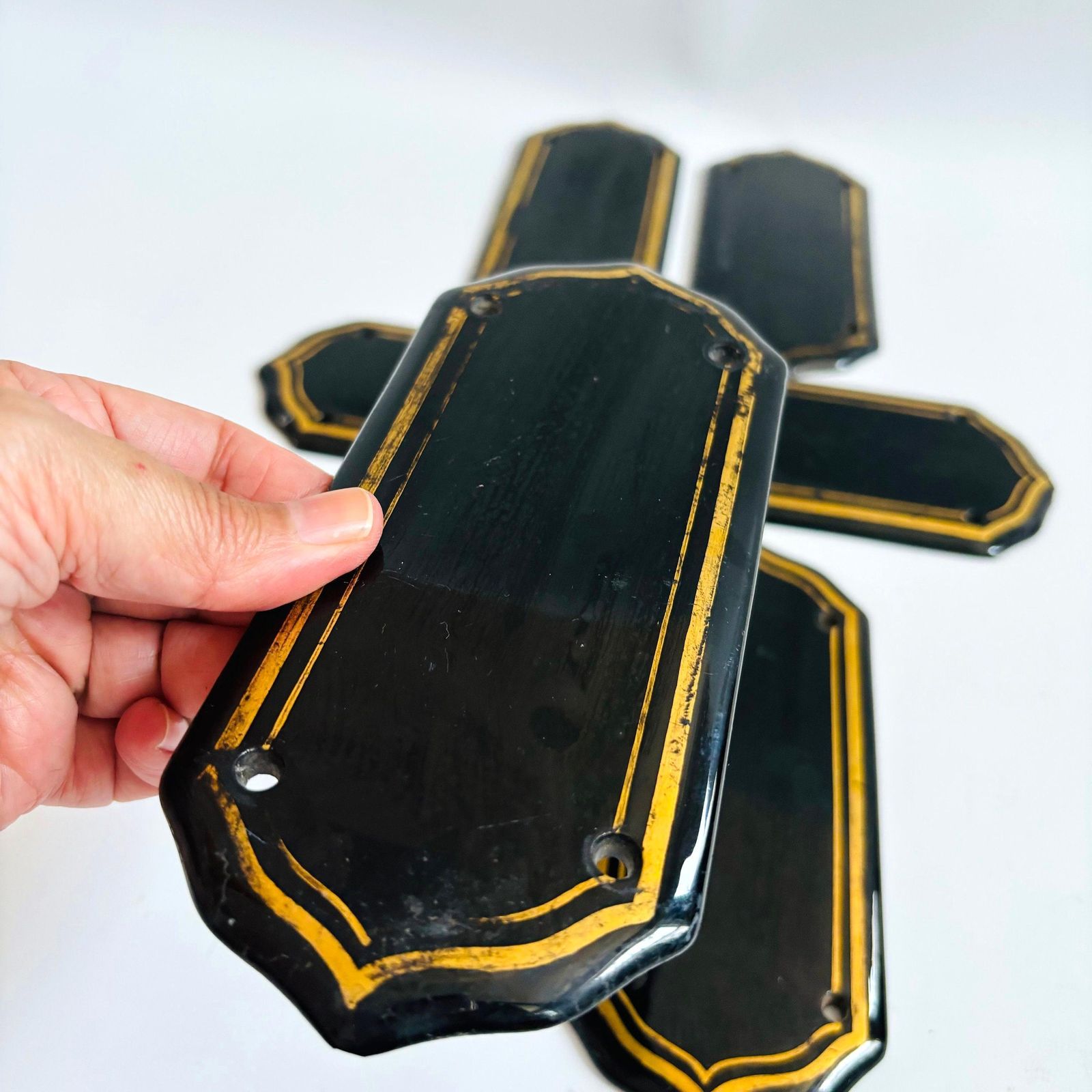 Antique 1920s Art Deco Finger Plates: Black Porcelain With Gold Line, Set Of 5