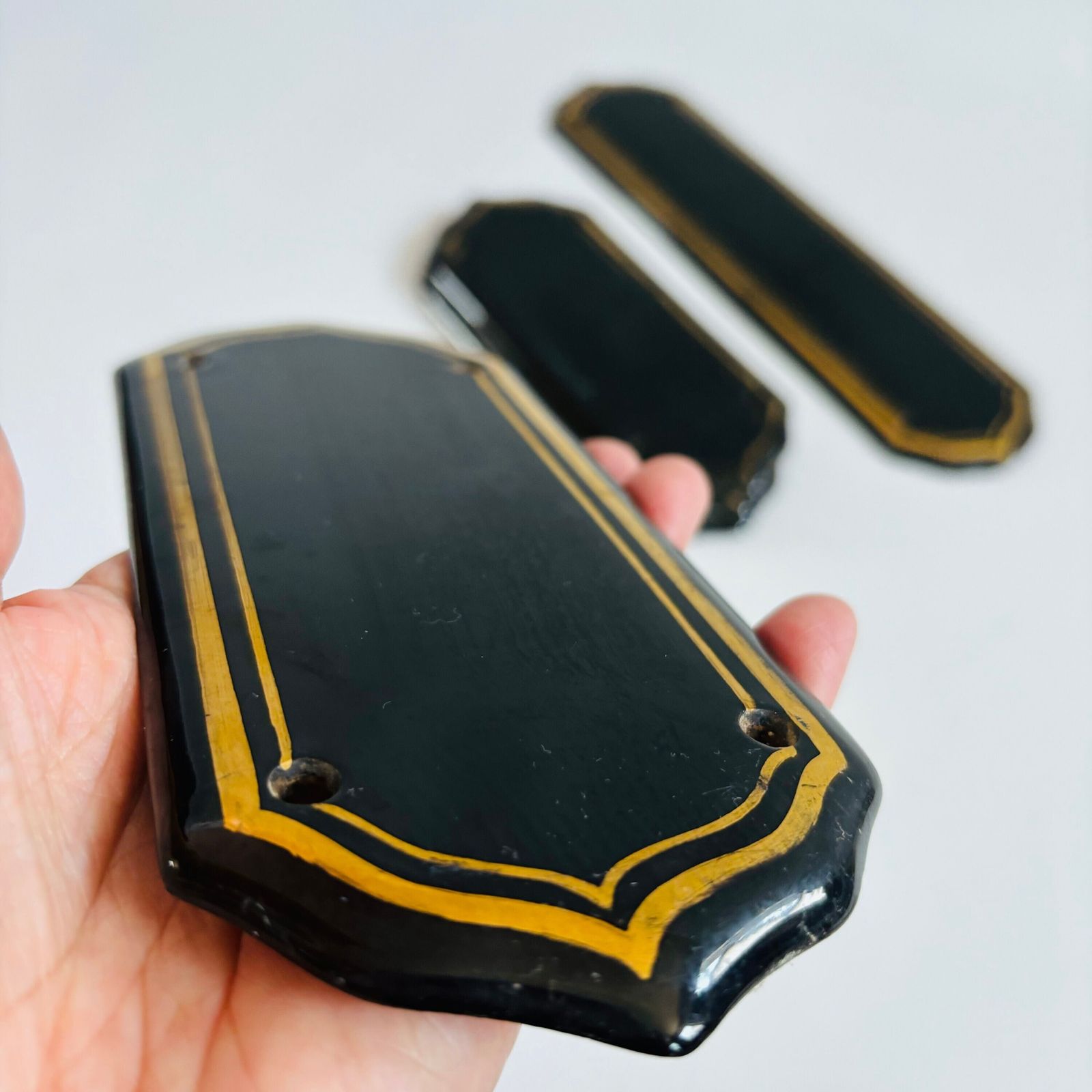 Antique 1920s Art Deco Finger Plates: Black Porcelain With Gold Line, Set Of 5 photo buy