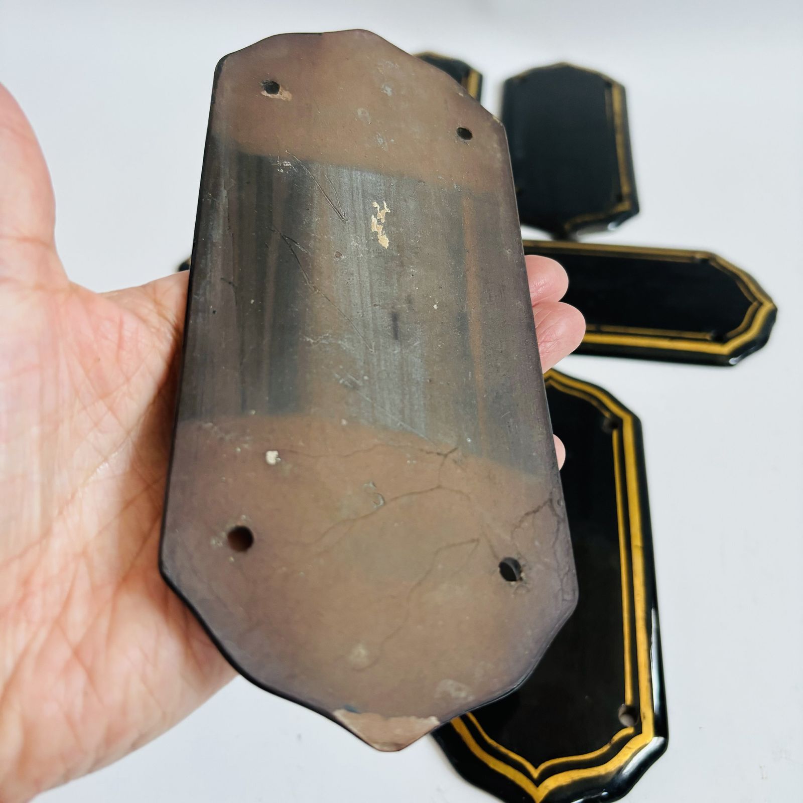 photo for sale Antique 1920s Art Deco Finger Plates: Black Porcelain With Gold Line, Set Of 5