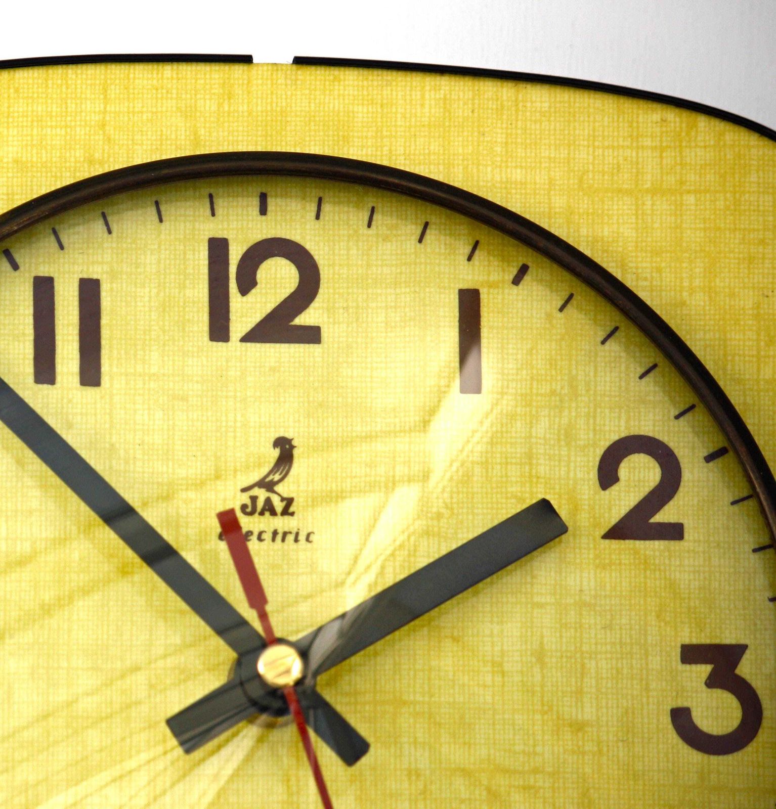 Vintage Jaz Wall Clock   22cm Mid Century Style Wooden Yellow Formica French Retro Wooden 1960s Atomic Gift Off The Wall Clocks photo for sale