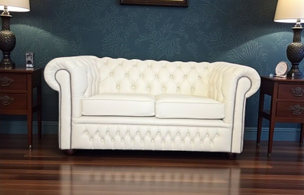 Classic 2 Seat Chesterfield Sofa In Premium Soft Cream Leather. New Stock!