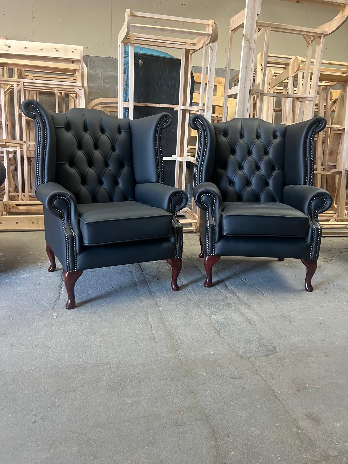Elegant Pair Of Queen Anne Chairs In Premium Georgian Black Leather