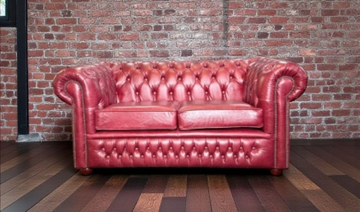 Classic 2 Seater Chesterfield In Premium Hand Dyed Claret Leather. Ex Photo Shoot