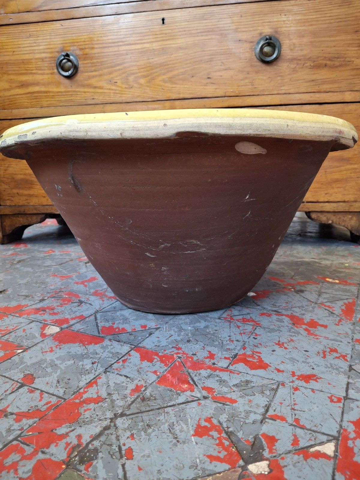 Large 19th Century Glazed Terracotta Welsh Dairy Cream Bowl. Antique/Pancheon photo furniture