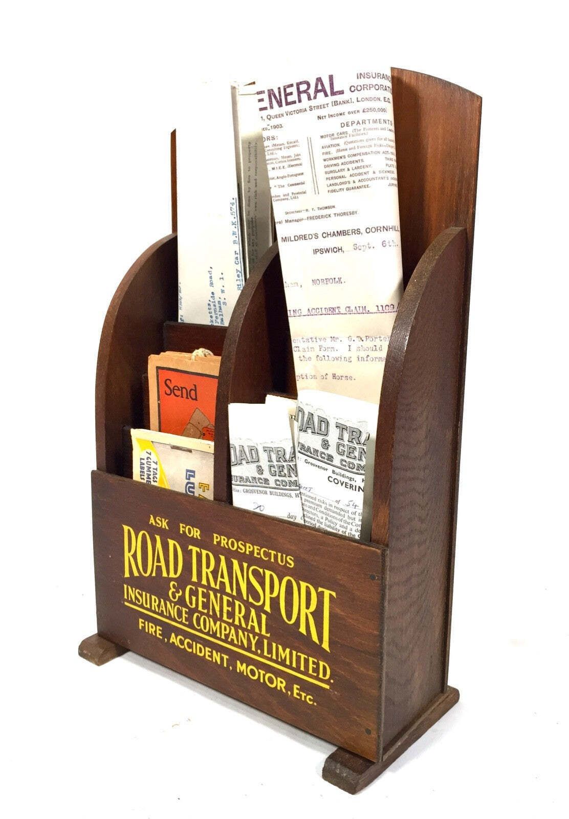 Antique Advertising Wooden Leaflet Holder Road Transport & General Insurance photo for sale