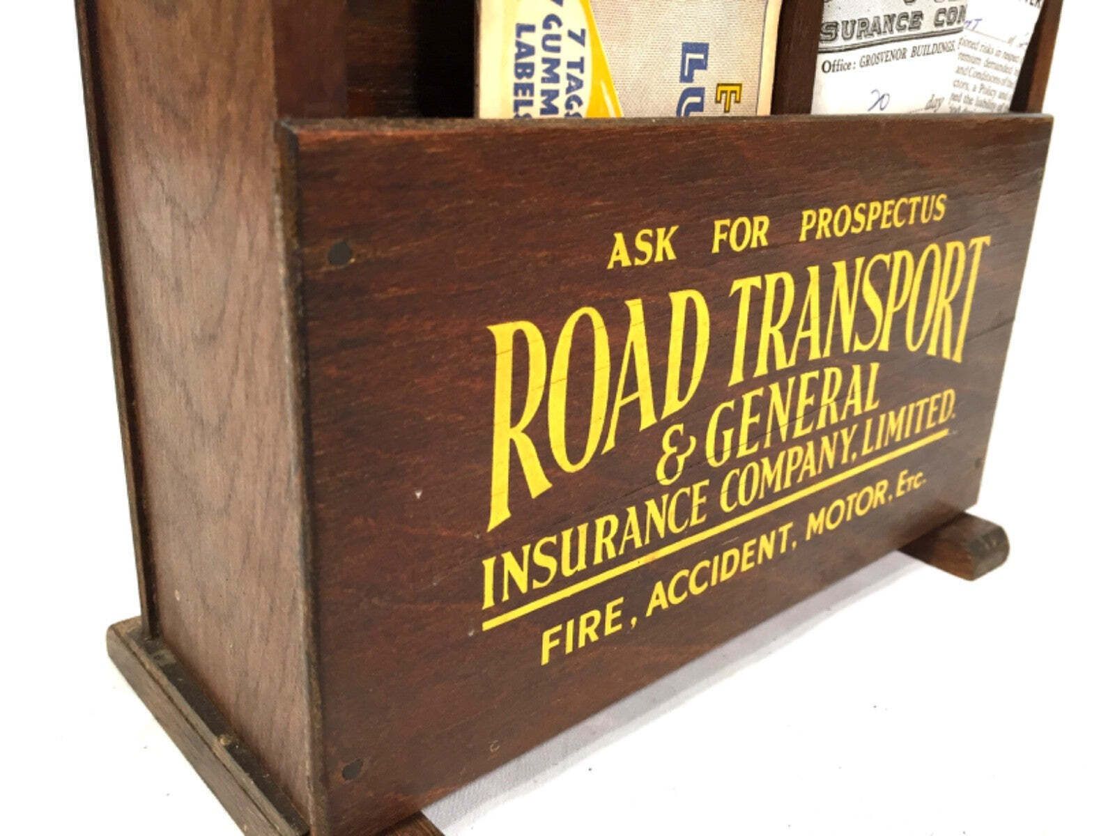 Antique Advertising Wooden Leaflet Holder Road Transport & General Insurance photo Home Decor