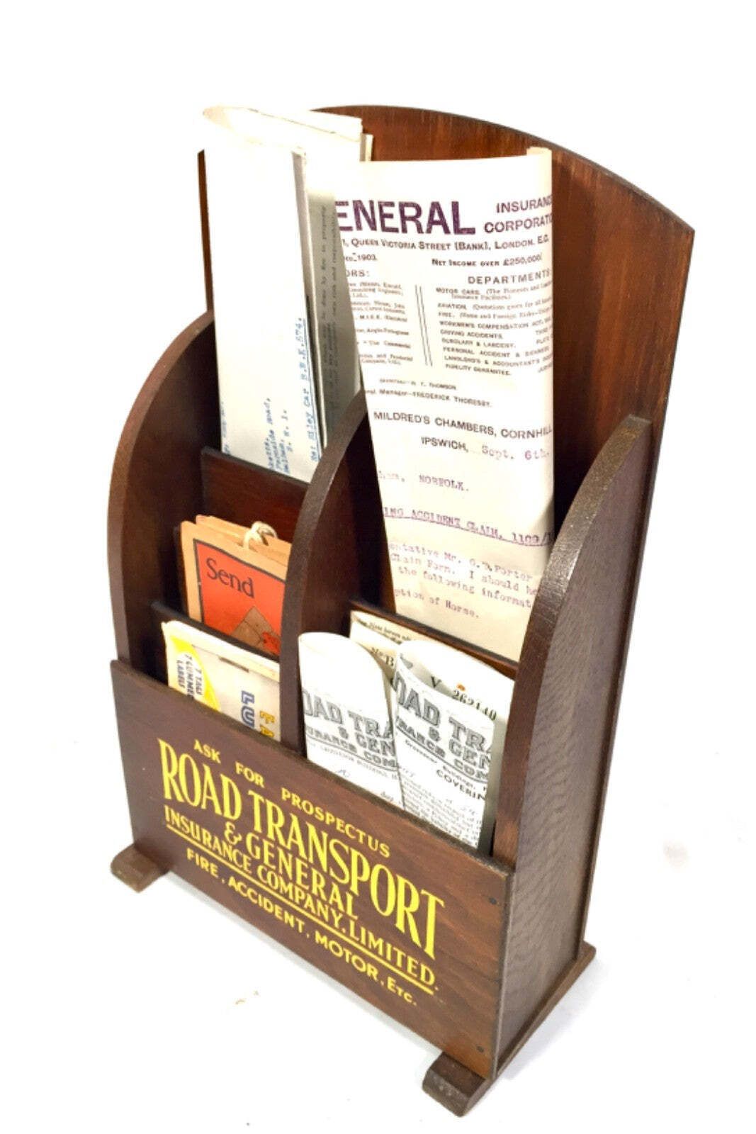 Antique Advertising Wooden Leaflet Holder Road Transport & General Insurance photo buy